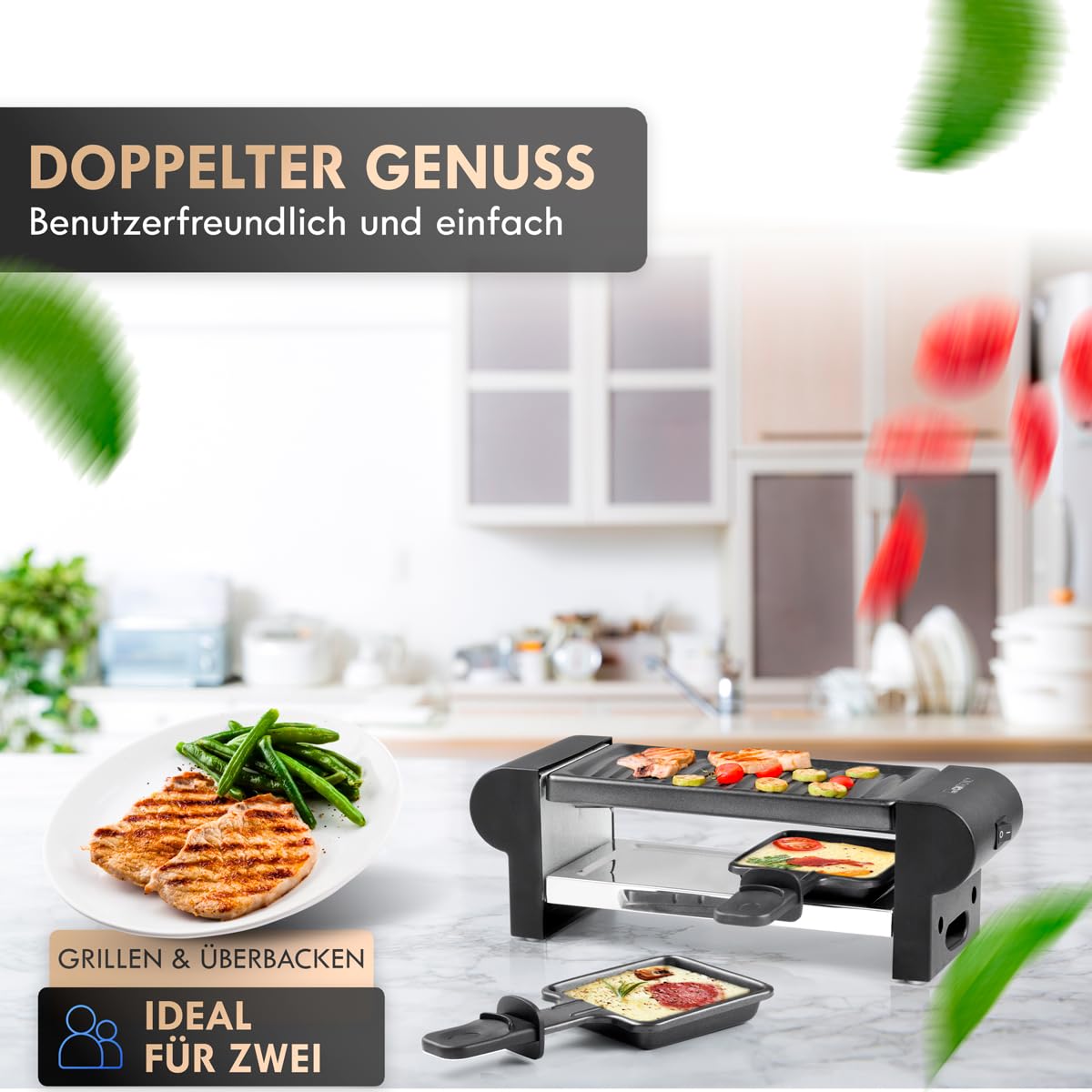 Kompakter 2 Personen Raclette Grill mit Antihaftbeschichtung