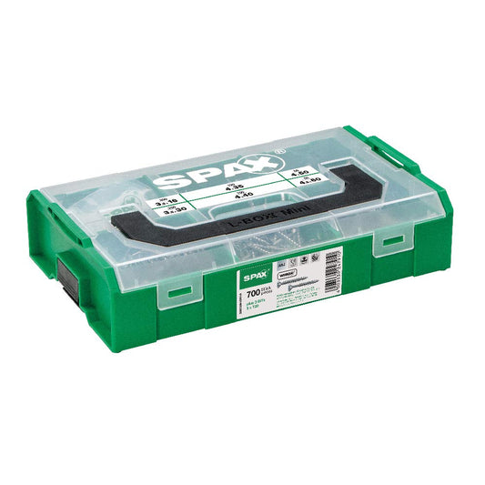 SPAX Montagekoffer, L-Boxx Mini, Wirox A9J, Senkkopf T-Star Plus mit 700 Schrauben in verschiedenen Abmessungen, inkl. 3 Bits T20