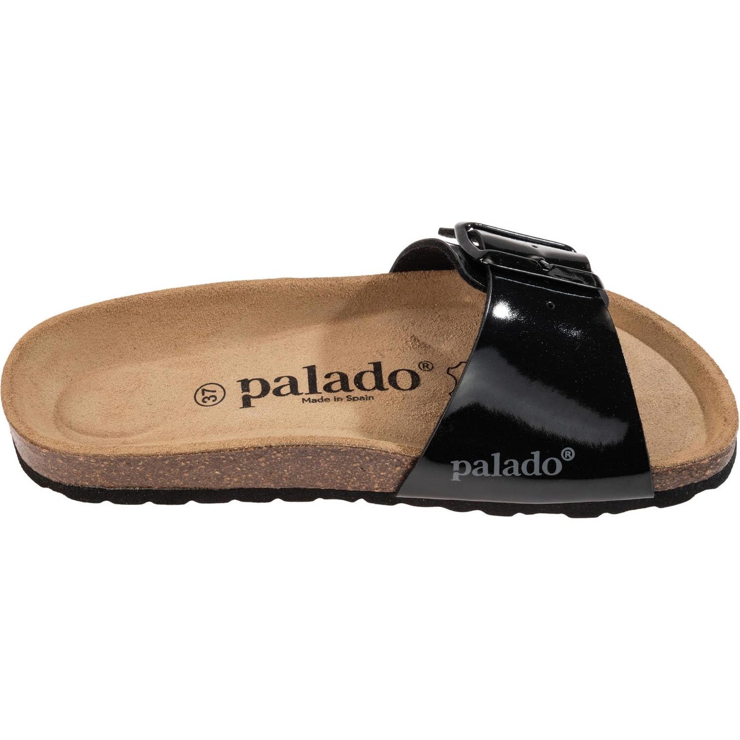 Palado Pantoletten Damen Malta EGS Lack – bequeme Sandalen Made in Spain - Hausschuhe mit dämpfendem Kork-Fußbett - modische Sommerschuhe Schwarz/Schwarz UK3,5 - EU36