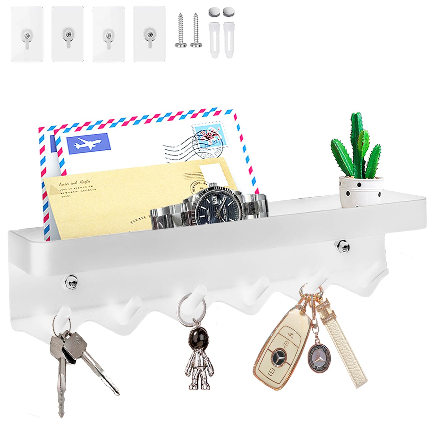 Echehi Schlüsselhalter mit 6 Haken platzsparend und ohne Bohren Weiß-Echehi