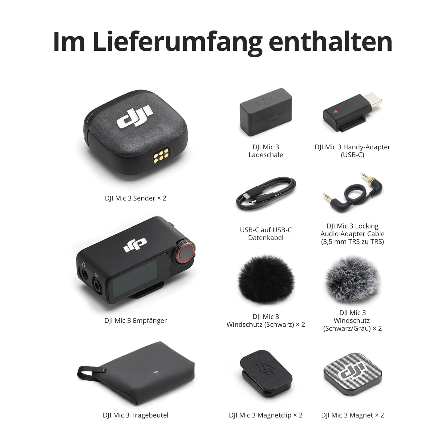 DJI Mic 3 (2 Sender + 1 Empfänger + Ladeschale), Funkmikrofon für iPhone/Kamera/Android, Ultraleicht, Adaptive Gain-Steuerung für ausgewogene Lautstärke, 28 Std. Nutzung, Vlog