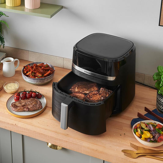 Russell Hobbs Heißluftfritteuse XXL 8,3L Rapid AirFryer [kompaktes Gehäuse, sehr leise, Pizza Ø 26cm] SatisFry (9 Programme, spülmaschinenfest, Fritteuse ohne Öl, TouchScreen,Grillen,Backen) 27632-56