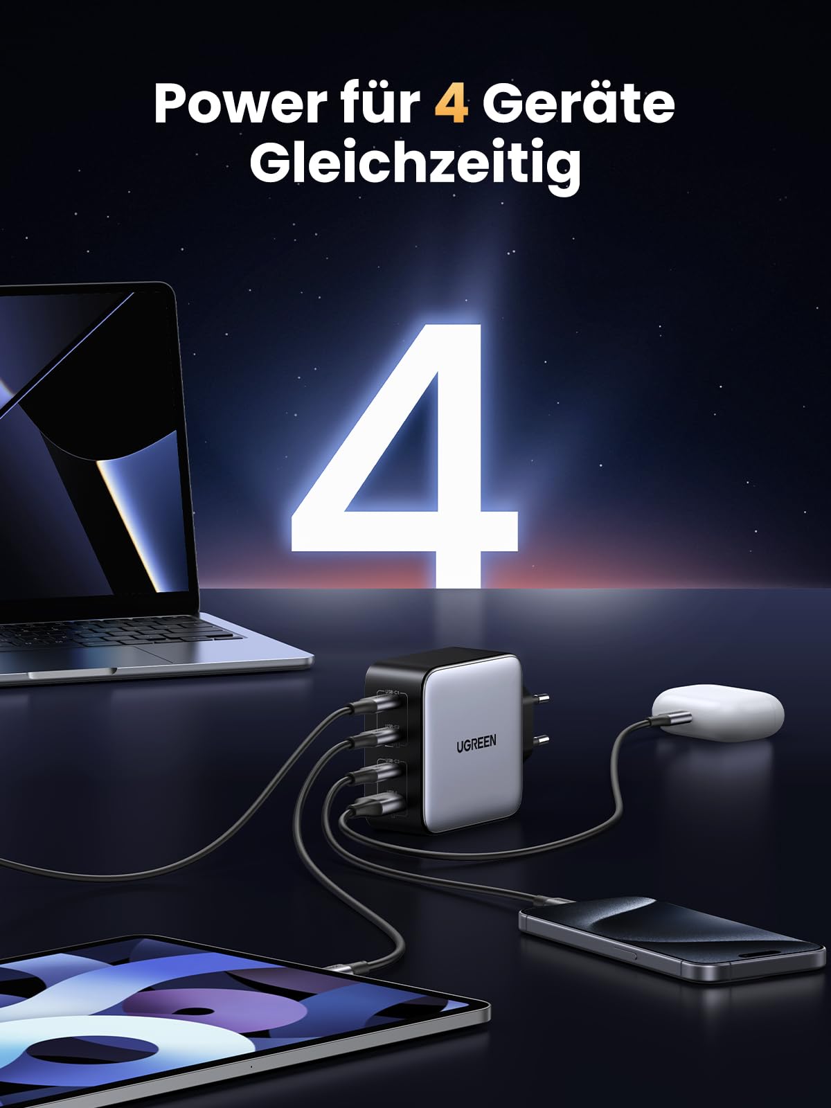 UGREEN Nexode 100W USB C Ladegerät 4 Ports Netzteil GaN Charger PD Schnellladegerät kompatibel mit MacBook Pro, iPhone 17-8 Serien, iPad Serien, Galaxy S25 Ultra, S24+ usw