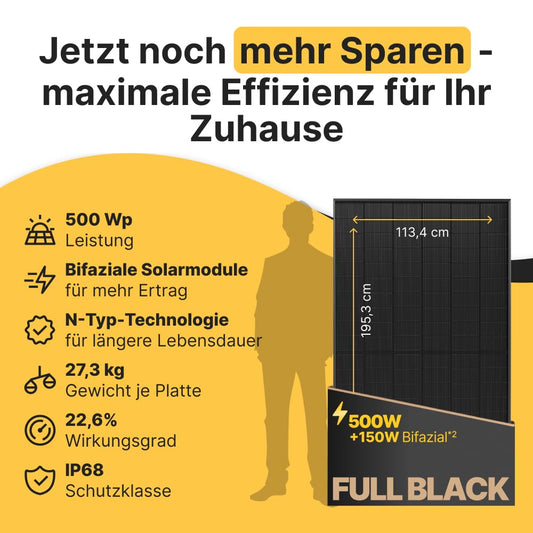 Solakon® 1000W Balkonkraftwerk - Balkonkraftwerk 800W komplett Steckdose - neuester 800 Watt Wechselrichter - Solaranlage Komplettset - 500W bifaziale Solarmodule inkl. Zubehör - 10m Kabel