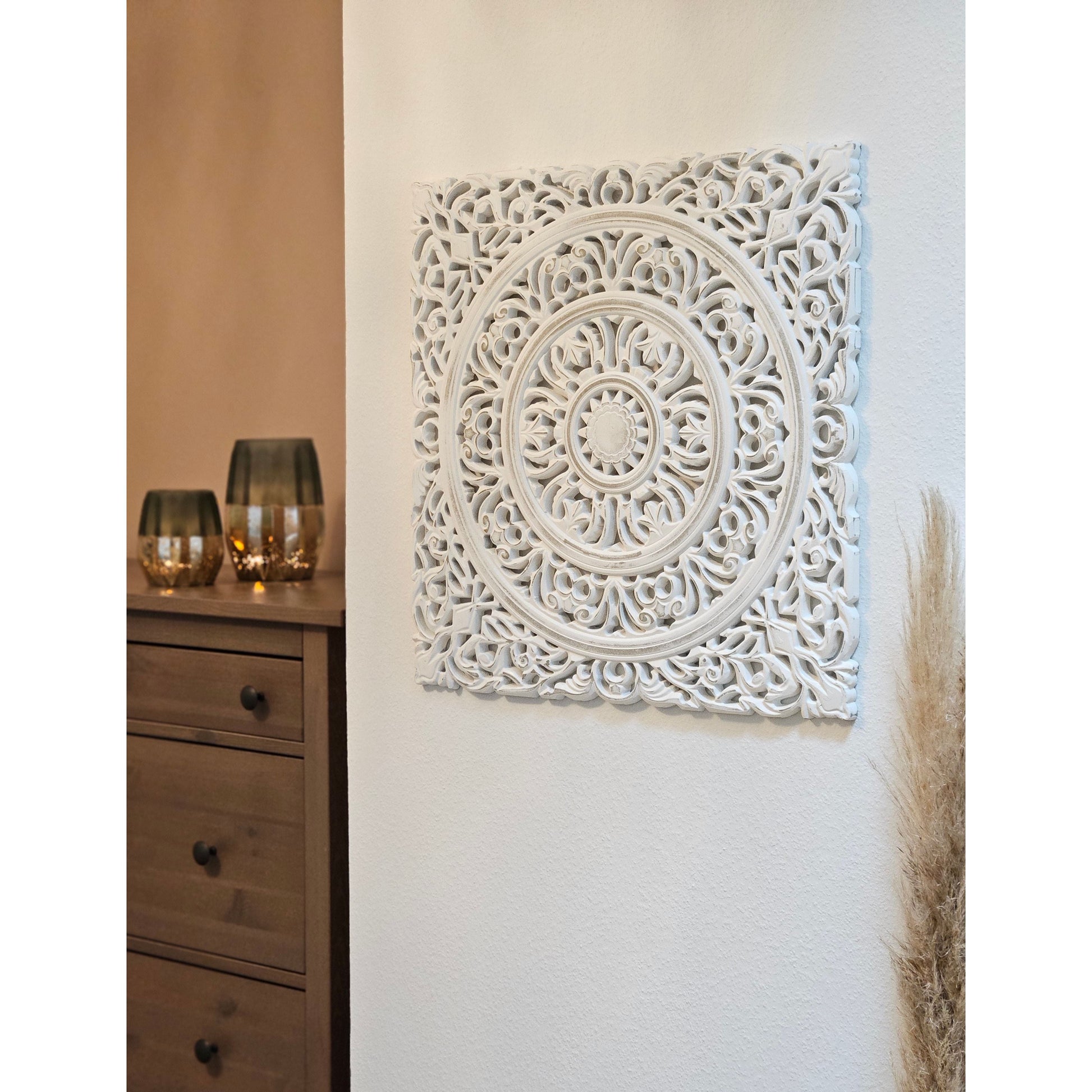 Wandornament Holz weiß 55x55 cm shabby Landhaus Ornament Holzornament Holzbild