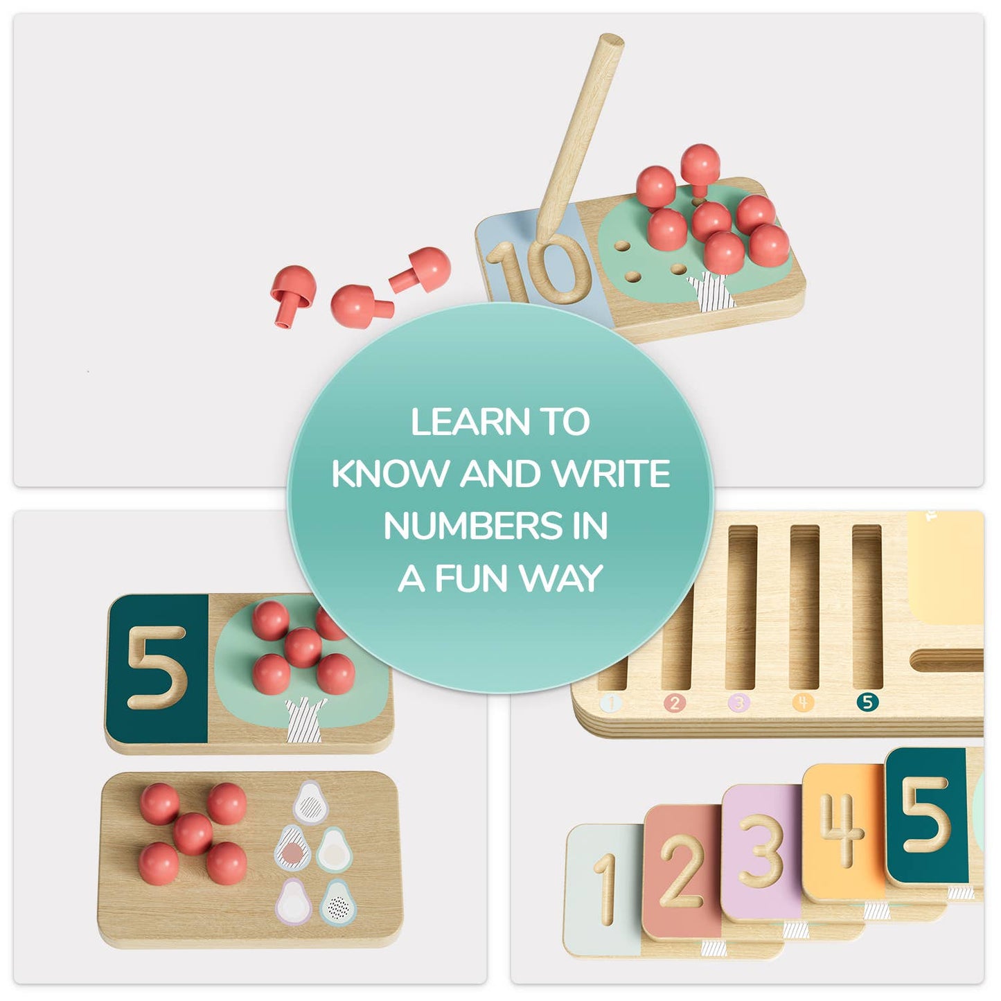 Holz-Tafel Obstbaum Montessori Zahlentrainer für Kinder