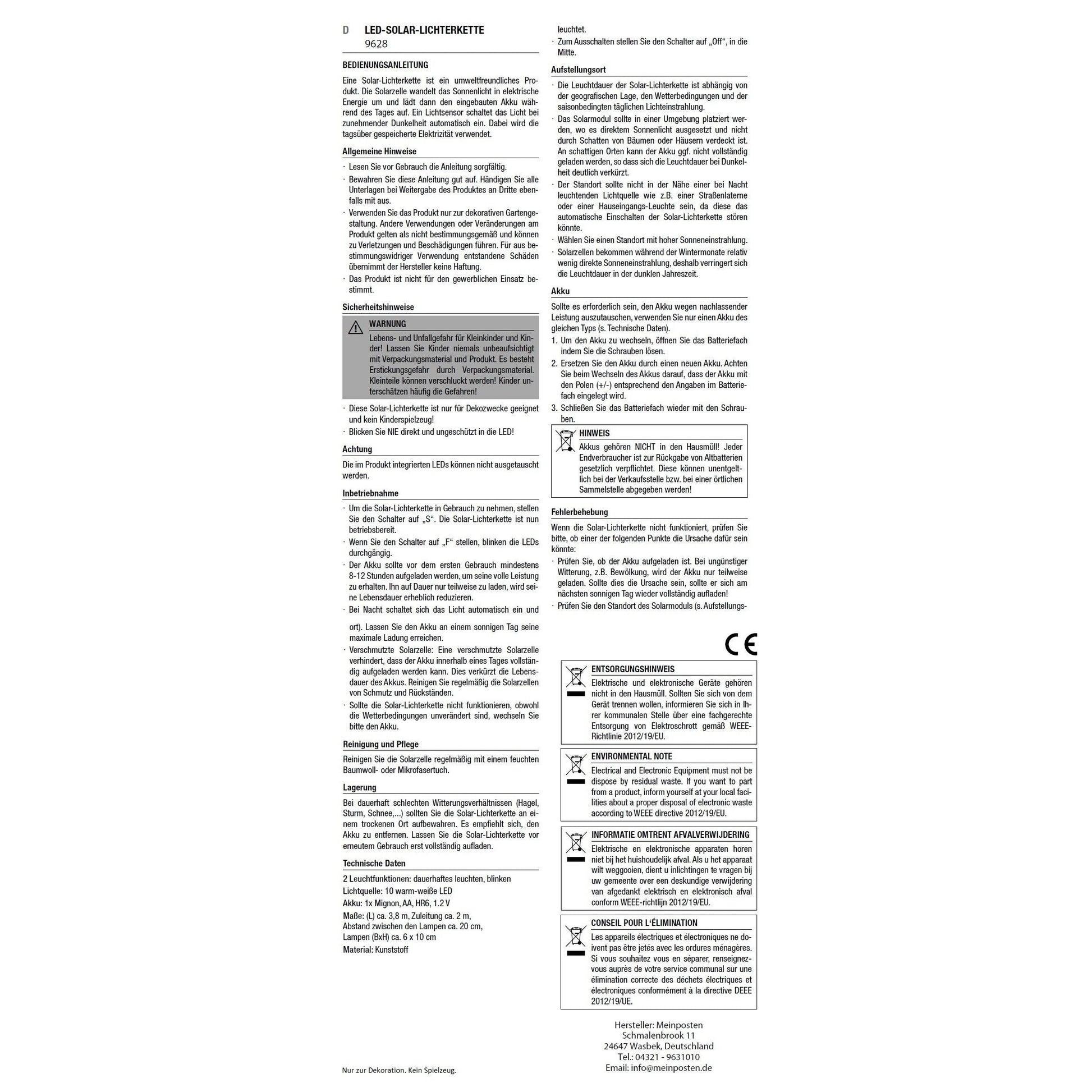 Lichterkette Solarlichterkette Solar Gartenbeleuchtung Balkon Deko LED warmweiß