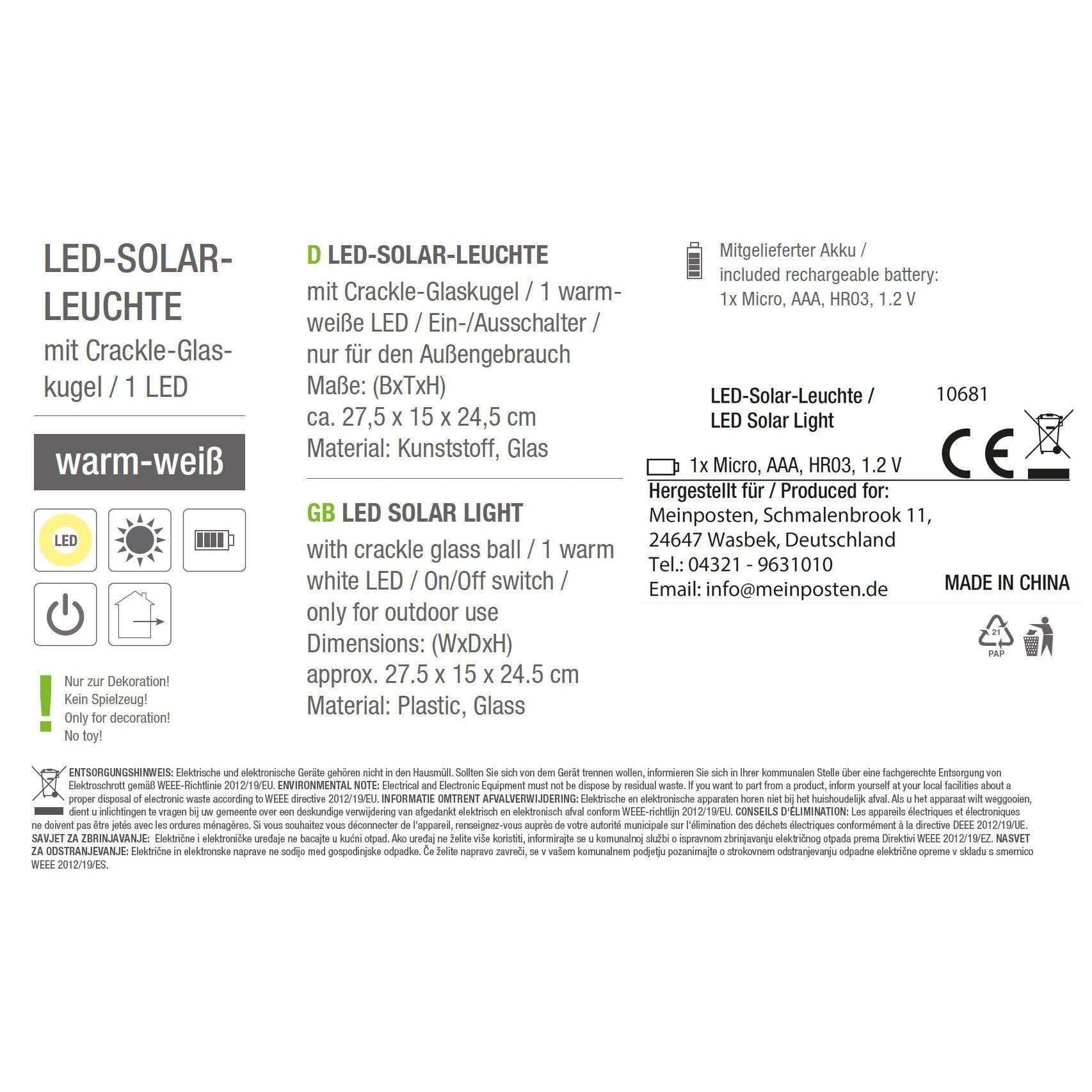 Solarleuchte MALI Solarlampe warmweiß Garten Balkon Laterne