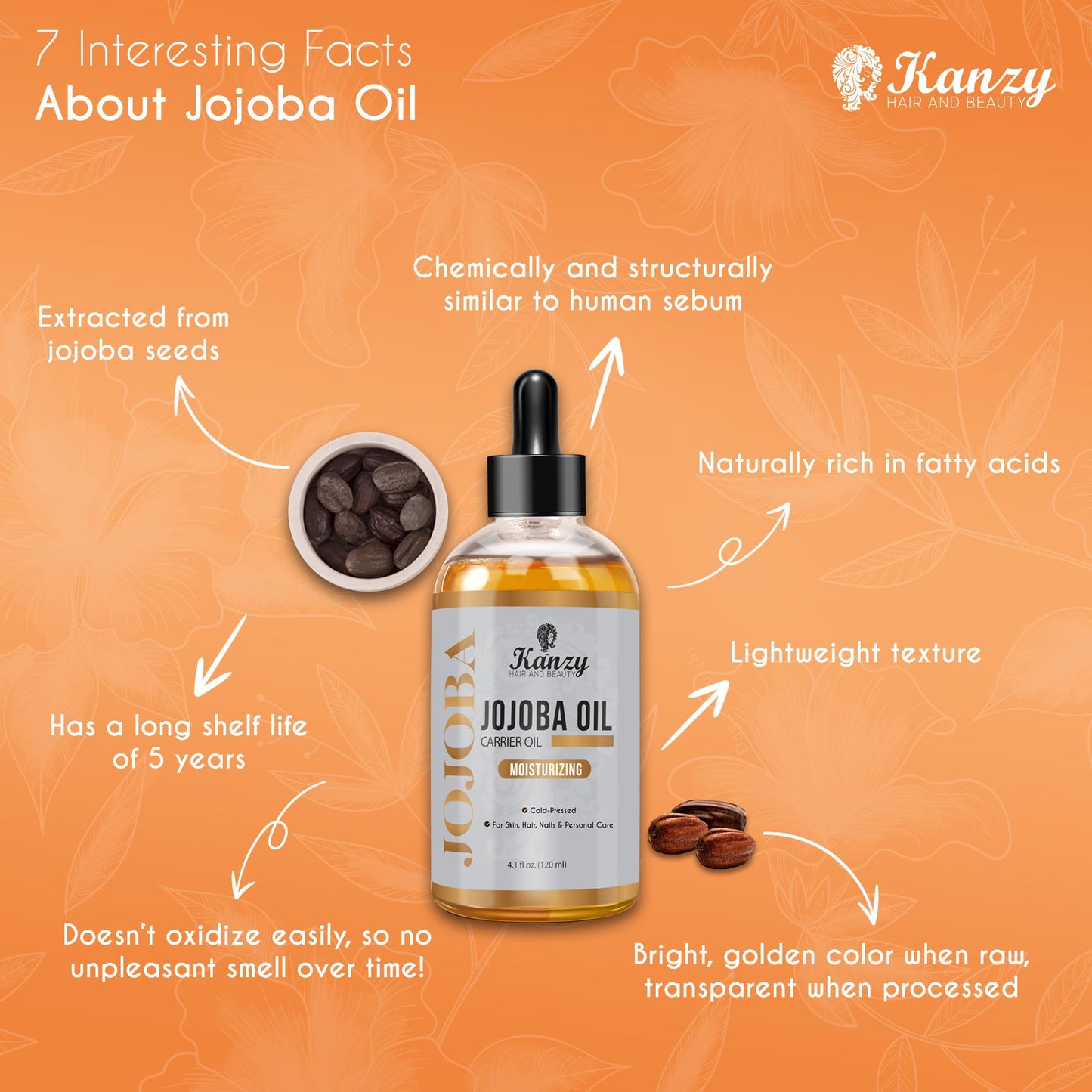 Kanzy Jojobaöl Kaltgepresst 100% Reines Gold, 120ml für Haut, Haare und Nägel, Gesichtsöl und Körperöl, Vegan & Hexanfrei, Jojobaöl, Anti-Falten, Natürliche Intensiv Feuchtigkeitspflege