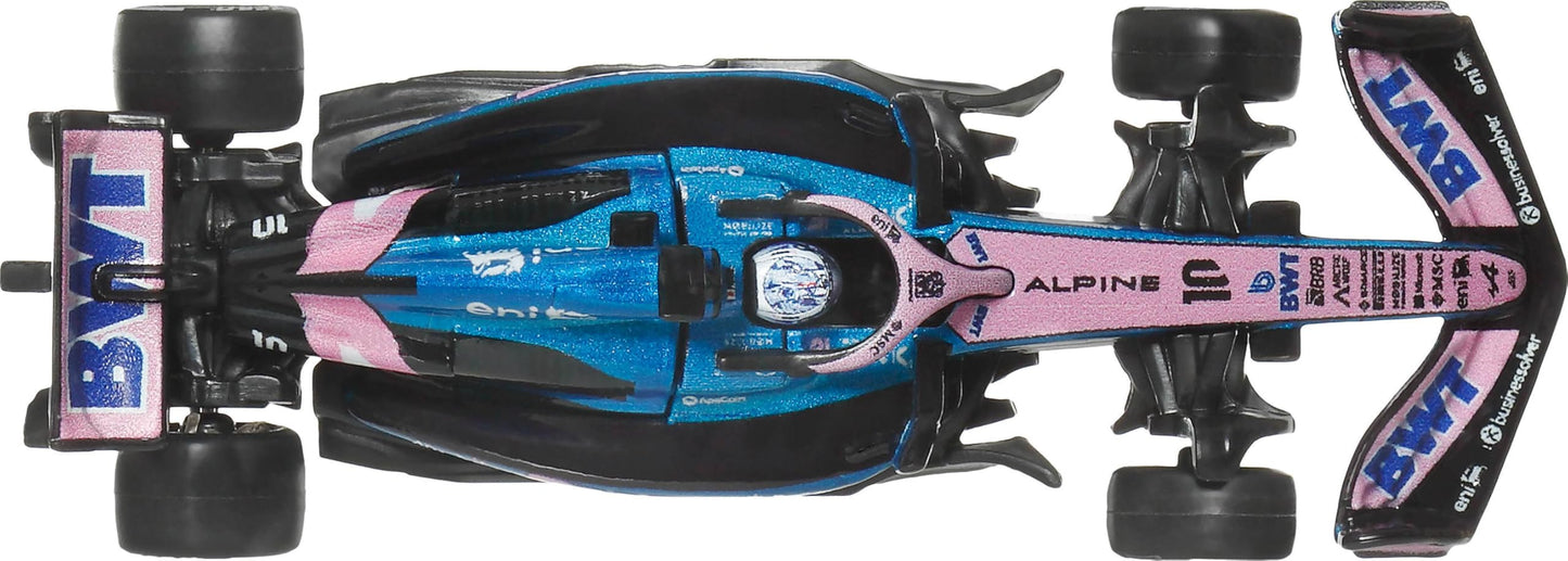 Hot Wheels Formel 1 BWT Alpine – Pierre Gasly #10 Premium Die-Cast-Spielzeugauto im Maßstab 1:64 Sammelspielzeug-Rennauto mit Real Riders-Reifen sowie Metall/Metall-Karosserie und -Fahrgestell, JKD82