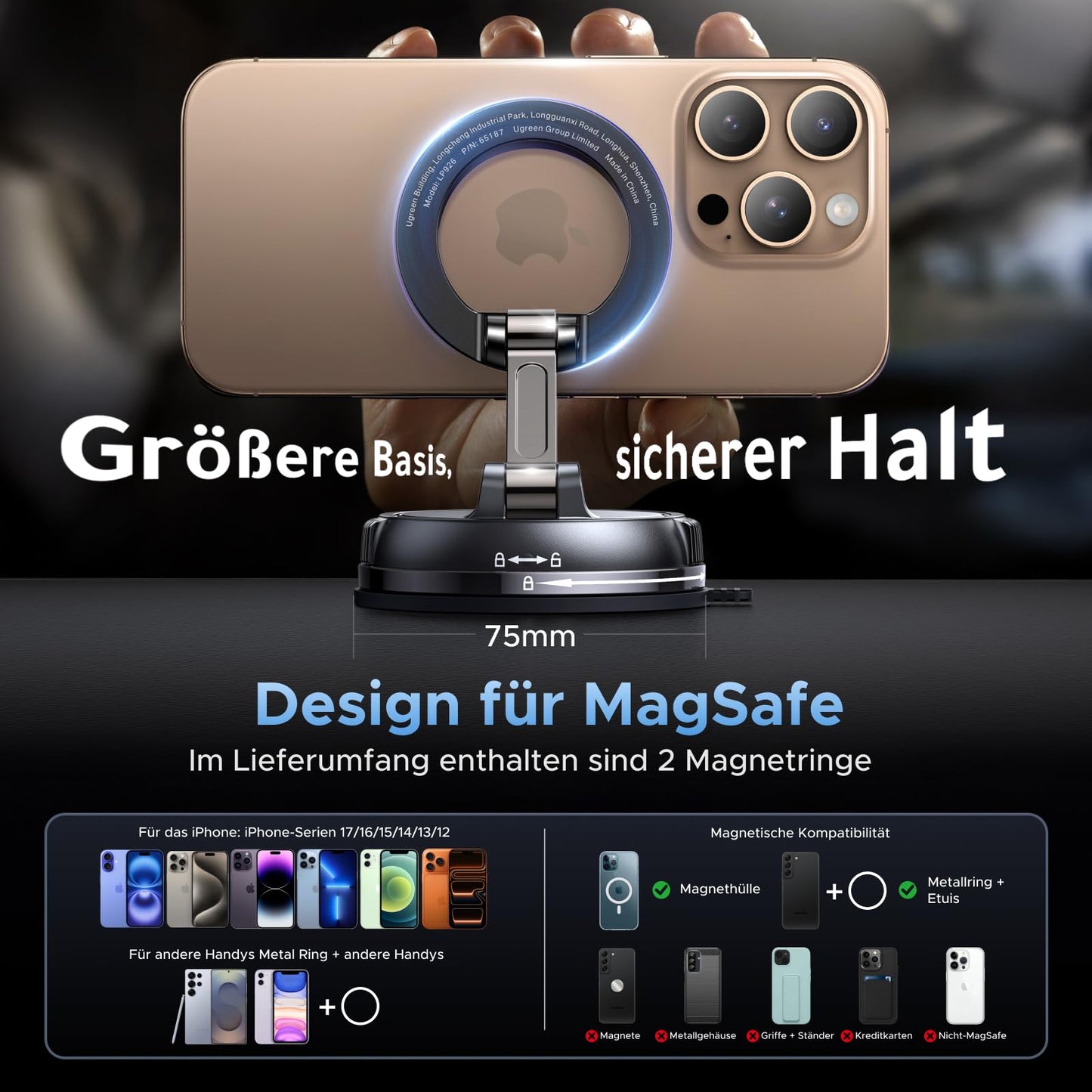 UGREEN Handyhalterung Auto für Magsafe Autohalterung mit N55 Starker Magnet, Handy Halterung Auto mit Vakuum Saugnapf & Nano-Gel-Pad Kompatibel mit iPhone 17 16 15 14 13 12 Pro Max