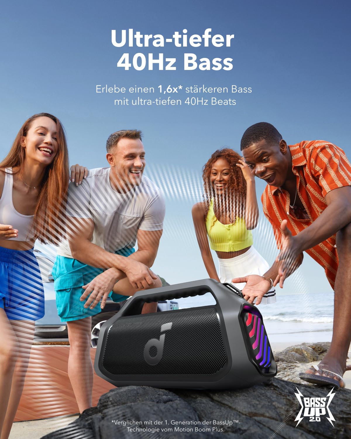 soundcore Boom 2 Plus Outdoor Lautsprecher, 140W, 2+2 Channel, BassUp 2.0, 20h, Schnellladung, IPX7 wasserdicht, RGB Lichter, USB-C, Power Bank, BT 6.0, tragbarer Bluetooth Lautsprecher, Camping