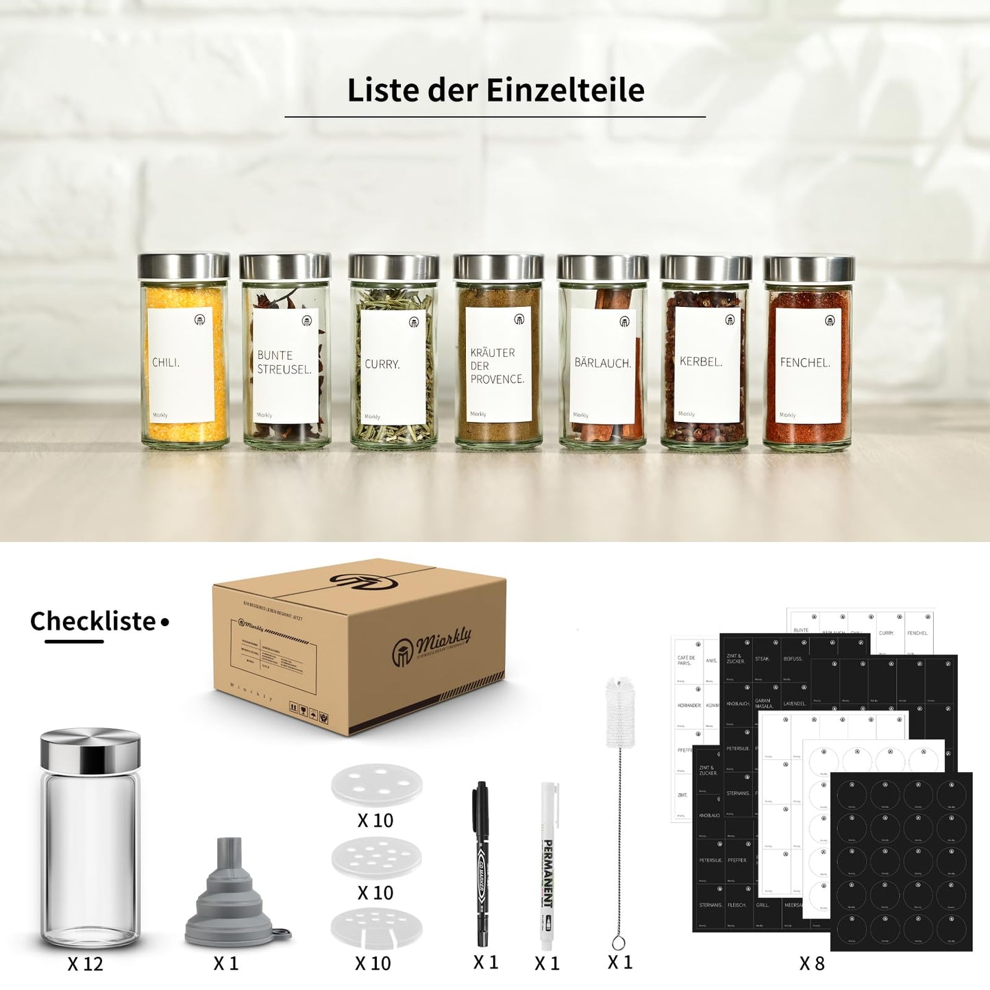 Miorkly 12 Gewürzgläser Set mit Streueinsatz