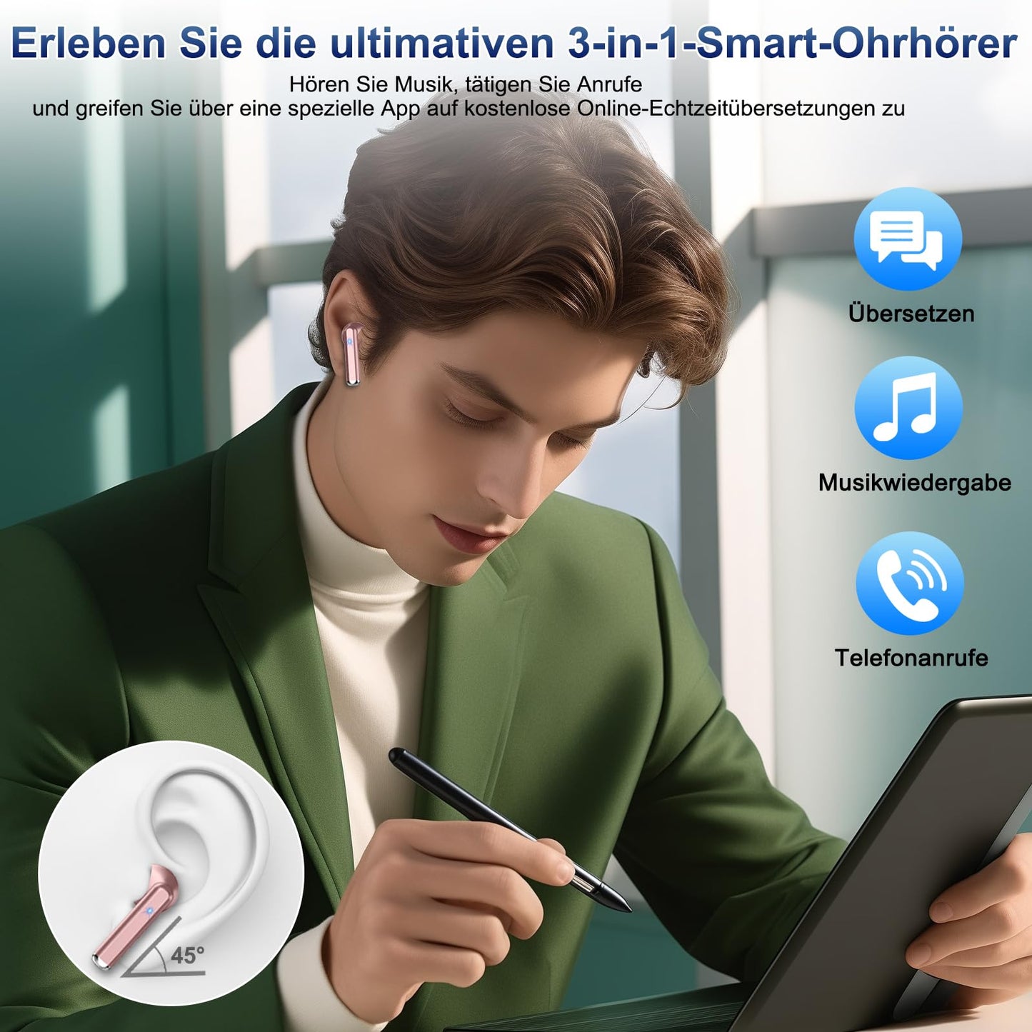 Kabellose Übersetzer Kopfhörer Bluetooth 5.4 mit 164 Sprachen Ech