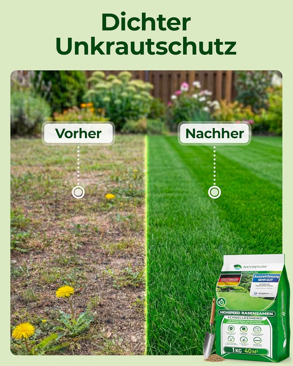 Rasensamen schnellkeimend Frühjahr & Sommer 1kg – TEST SEHR GUT – Grassamen schnellkeimend Rasen Nachsaat Made in Germany – Rasensaat 40qm - Rasensamen Frühjahr & Sommer Samen von Natureflow