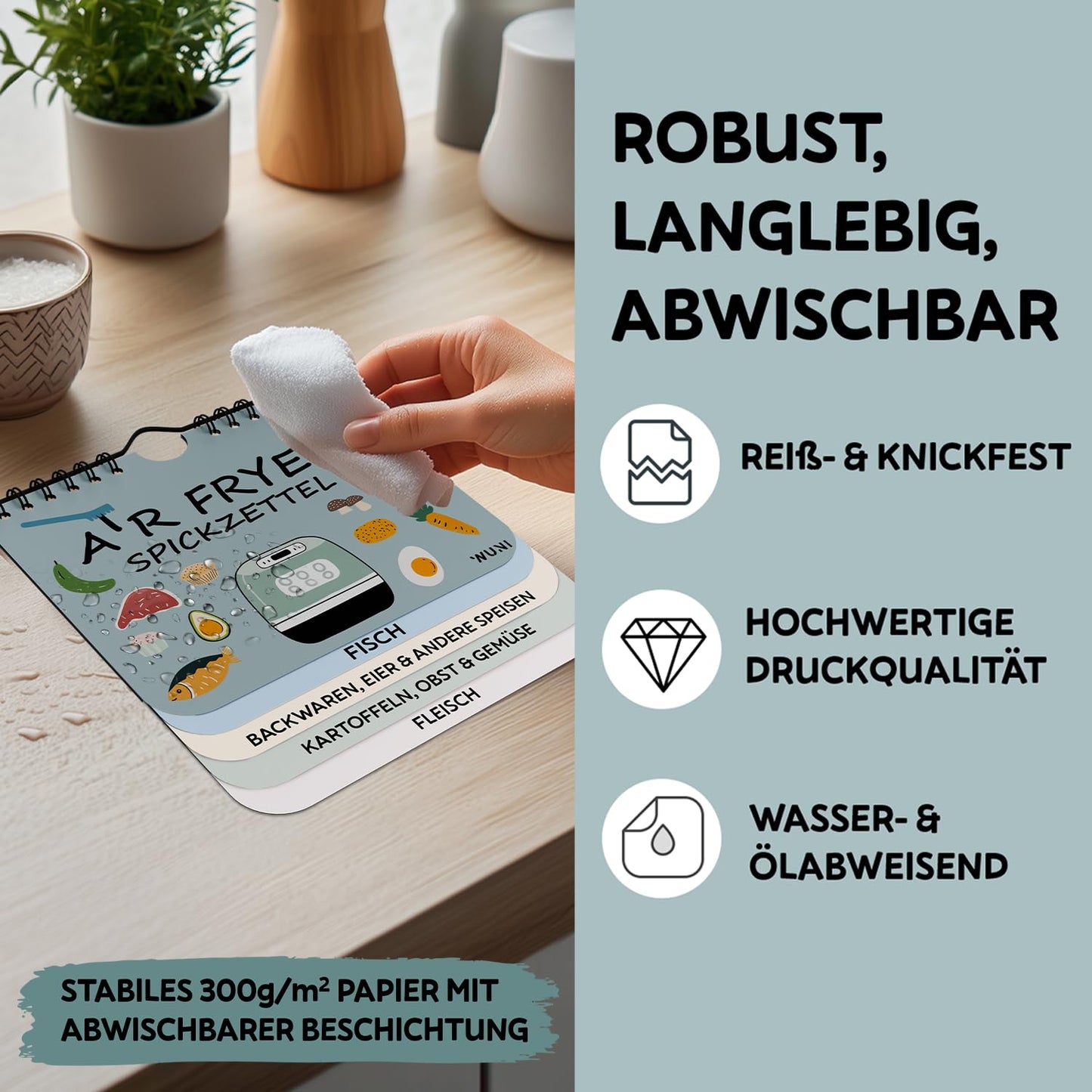 Kompakter Airfryer Spickzettel mit 127 Rezepten und Garzeiten