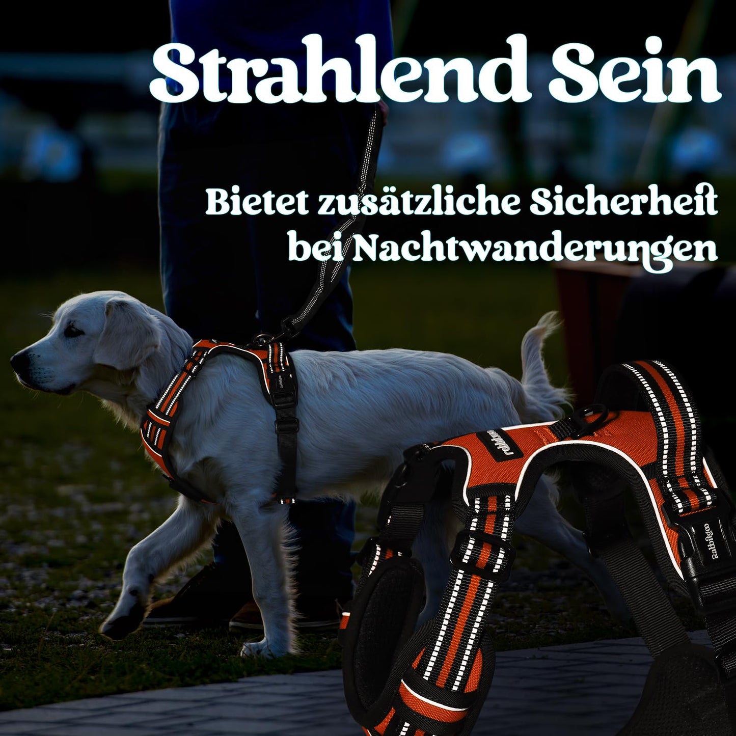 rabbitgoo Hundegeschirr Grosse Hunde, Verstellbare Geschirr Hund ohne Zug & Würgen, Anti Zug Hundegeschirr mit Griff, weich Gepolsterte Reflektierende Brustgeschirr, Orange L