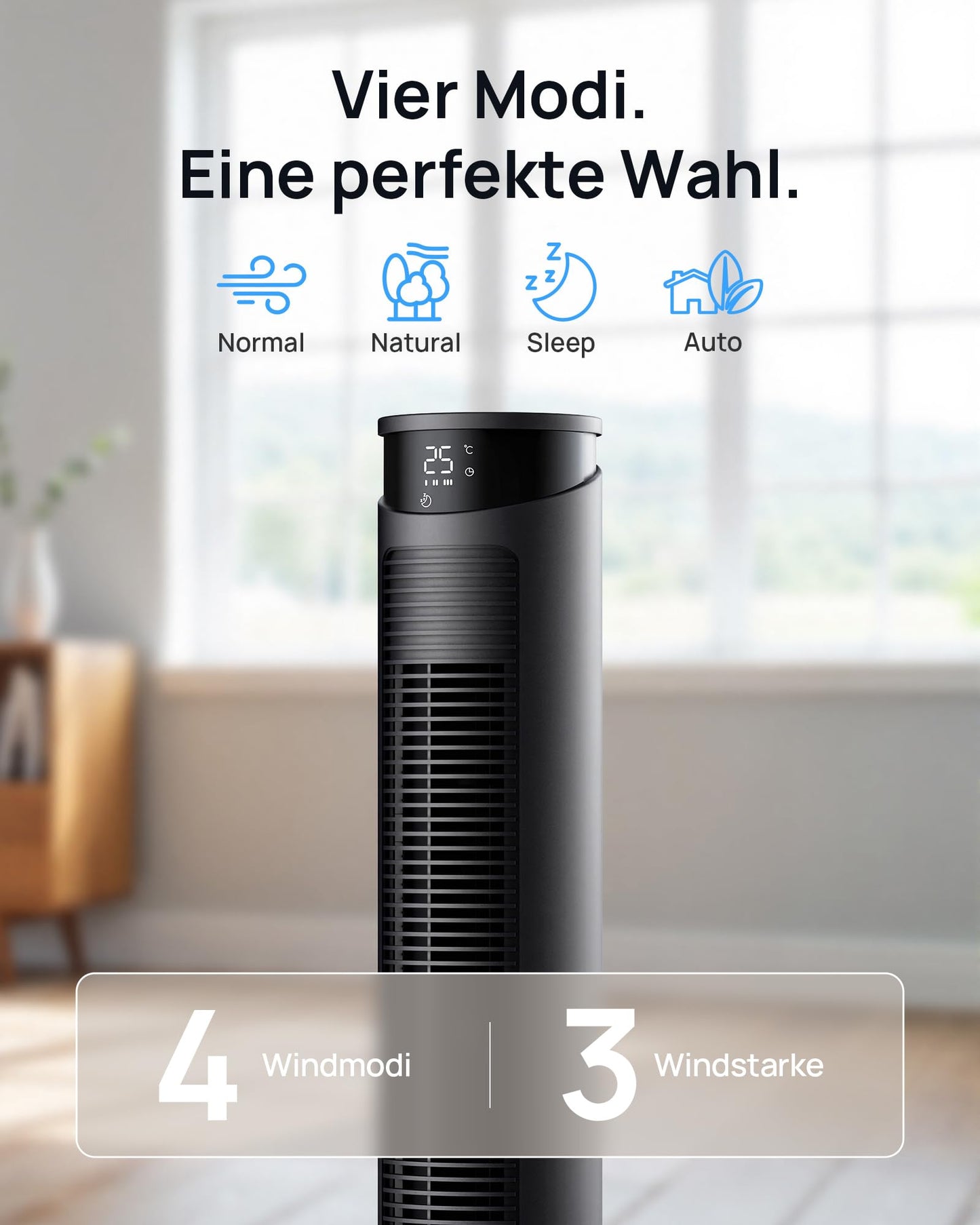 WoleixKlima Ventilator sehr leise 25dB, Turmventilator sehr leise mit Fernbedienung, Standventilator sehr leise mit Fernbedienung, 40W, 4 Modi&3 Stufen, 75°Oszillation, 12H Timer, 93CM