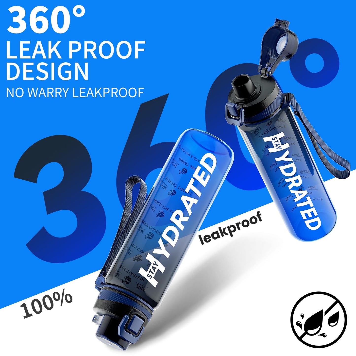 Mevoly Sport Trinkflasche 1 Liter BPA Frei mit Zeitmarkierung Auslaufsicher