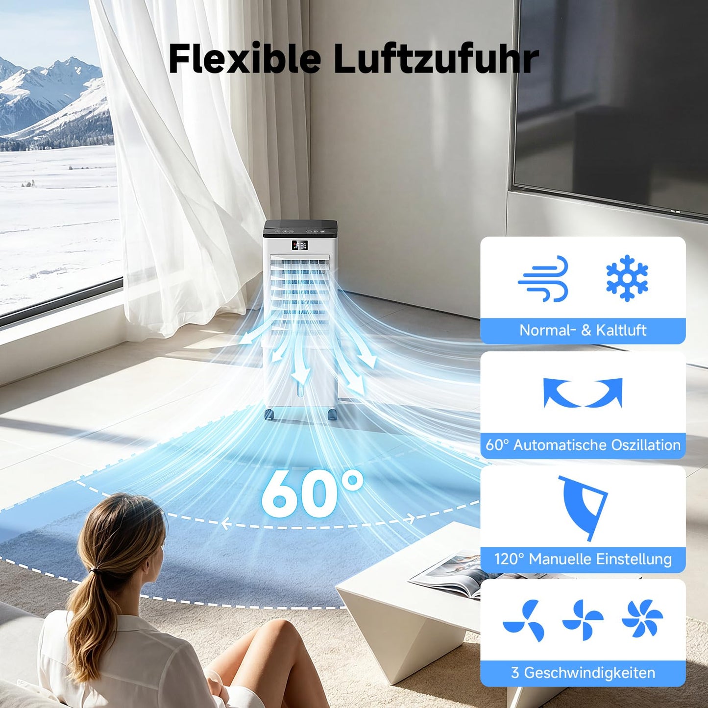 Klimagerät ohne Abluftschlauch 10L, 60W Klimaanlage Mobil, 12H Timer, klimaanlage ohne abluftschlauch 3 Modus, 120°Oszillation, Abnehmbare Wassertank, Tragbarer Luftkühler für Zuhause Büro Perlweiß