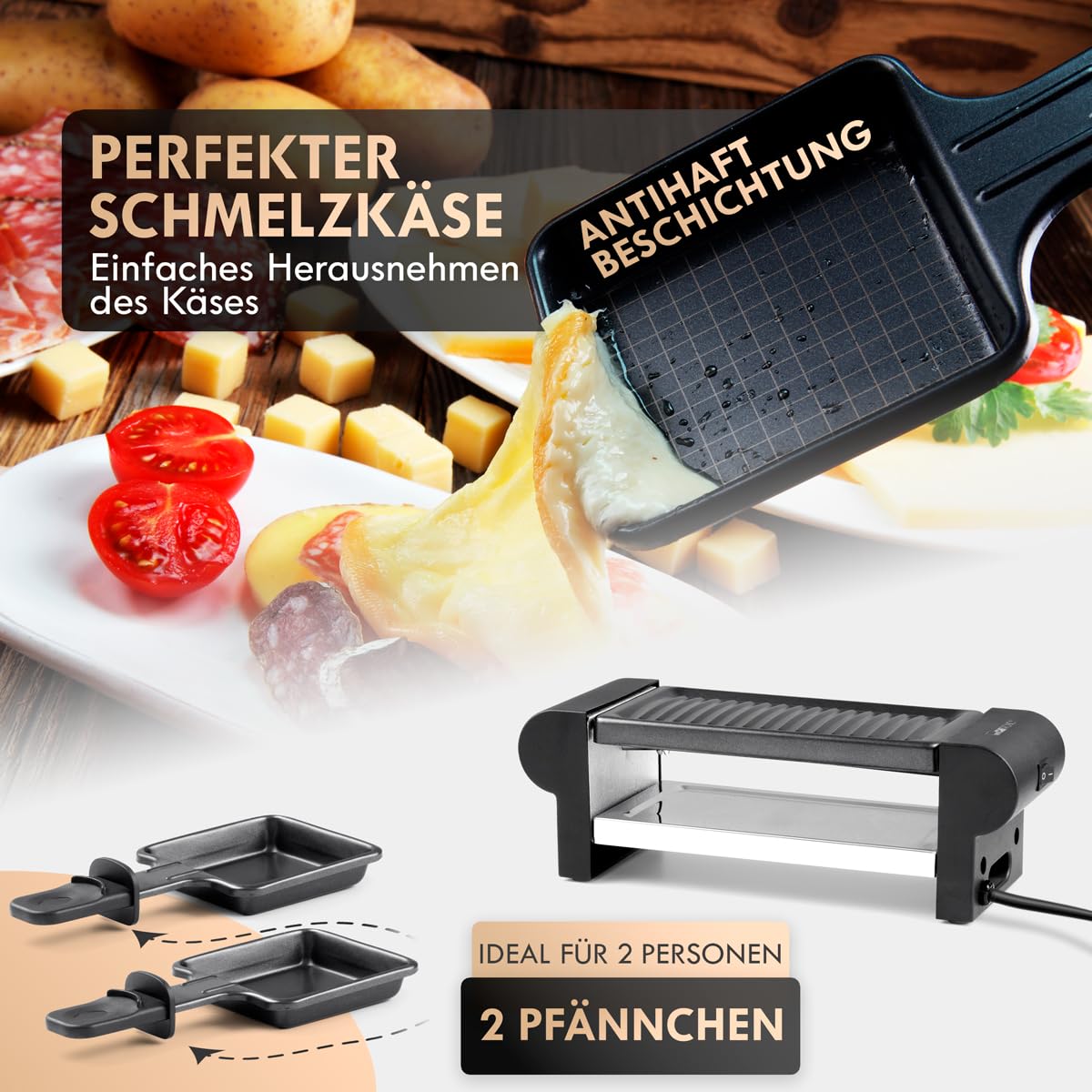 Kompakter 2 Personen Raclette Grill mit Antihaftbeschichtung