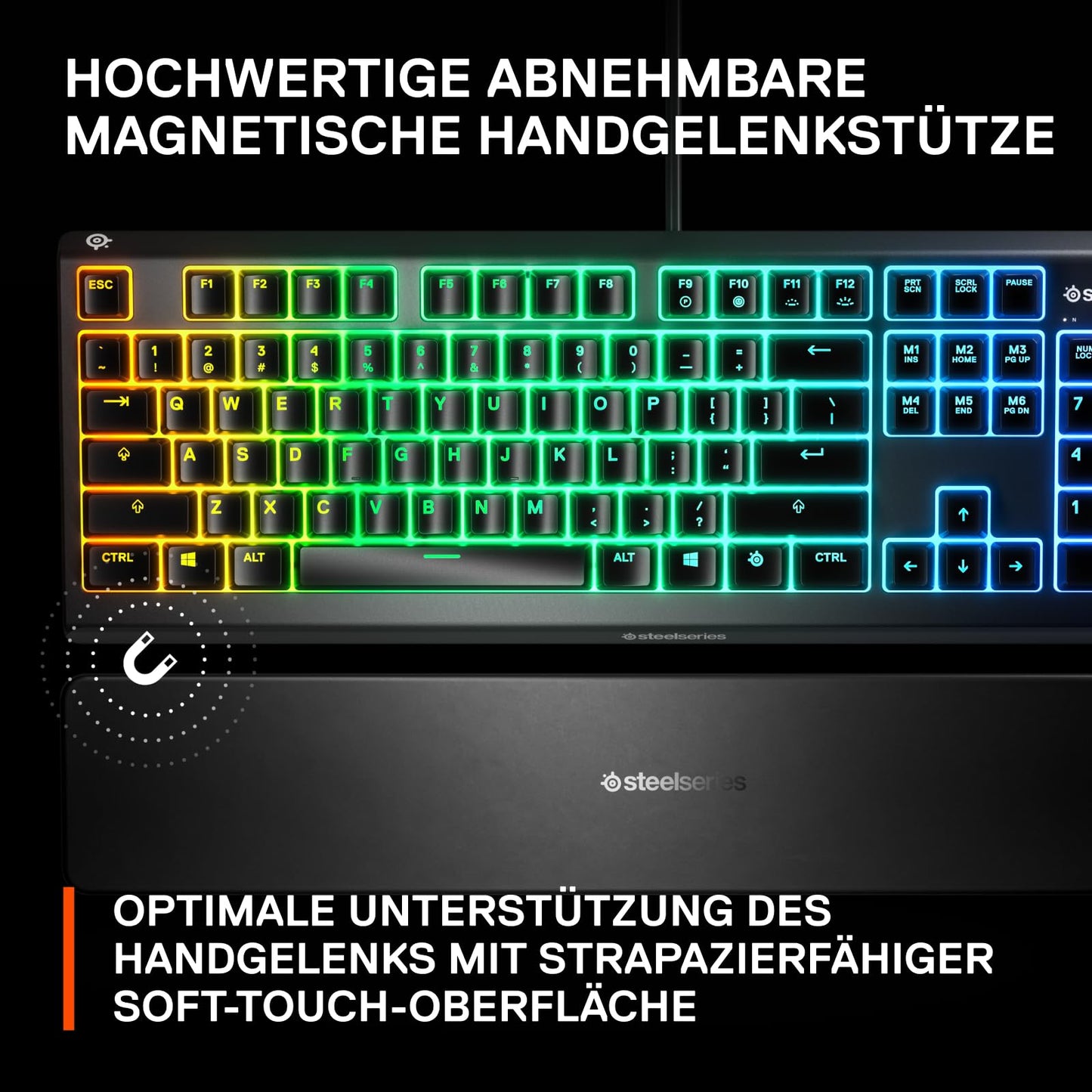 SteelSeries Apex 3 Gaming Tastatur - 10-Zonen RGB-Beleuchtung - Flüsterleise Gaming-Switches - Premium magnetische Handballenauflage - IP32 wassergeschützt - Deutsches (QWERTZ) Layout