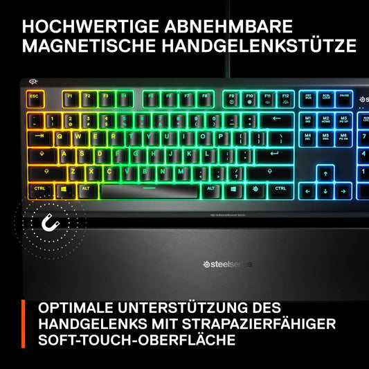 SteelSeries Apex 3 Gaming Tastatur - 10-Zonen RGB-Beleuchtung - Flüsterleise Gaming-Switches - Premium magnetische Handballenauflage - IP32 wassergeschützt - Deutsches (QWERTZ) Layout