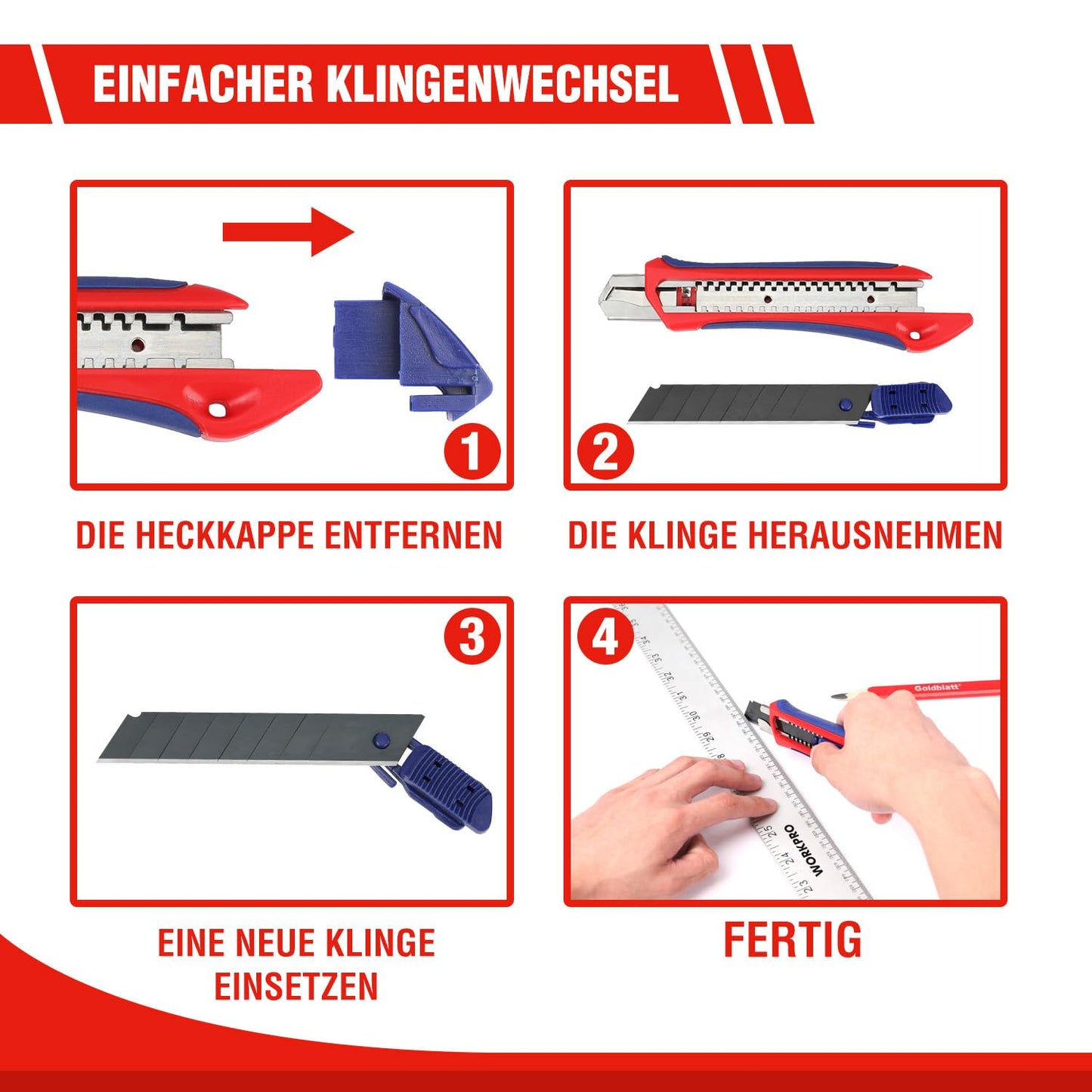 WORKPRO 5 Stück Cuttermesser Set 18mm mit 20 Ersatzklingen aus SK5, Profi Cuttermesser Abbrechklinge Kartonmesser, Mehrzweck Messer Allzweckmesser mit Gummigriff, Schneiden zum Papier, Karton