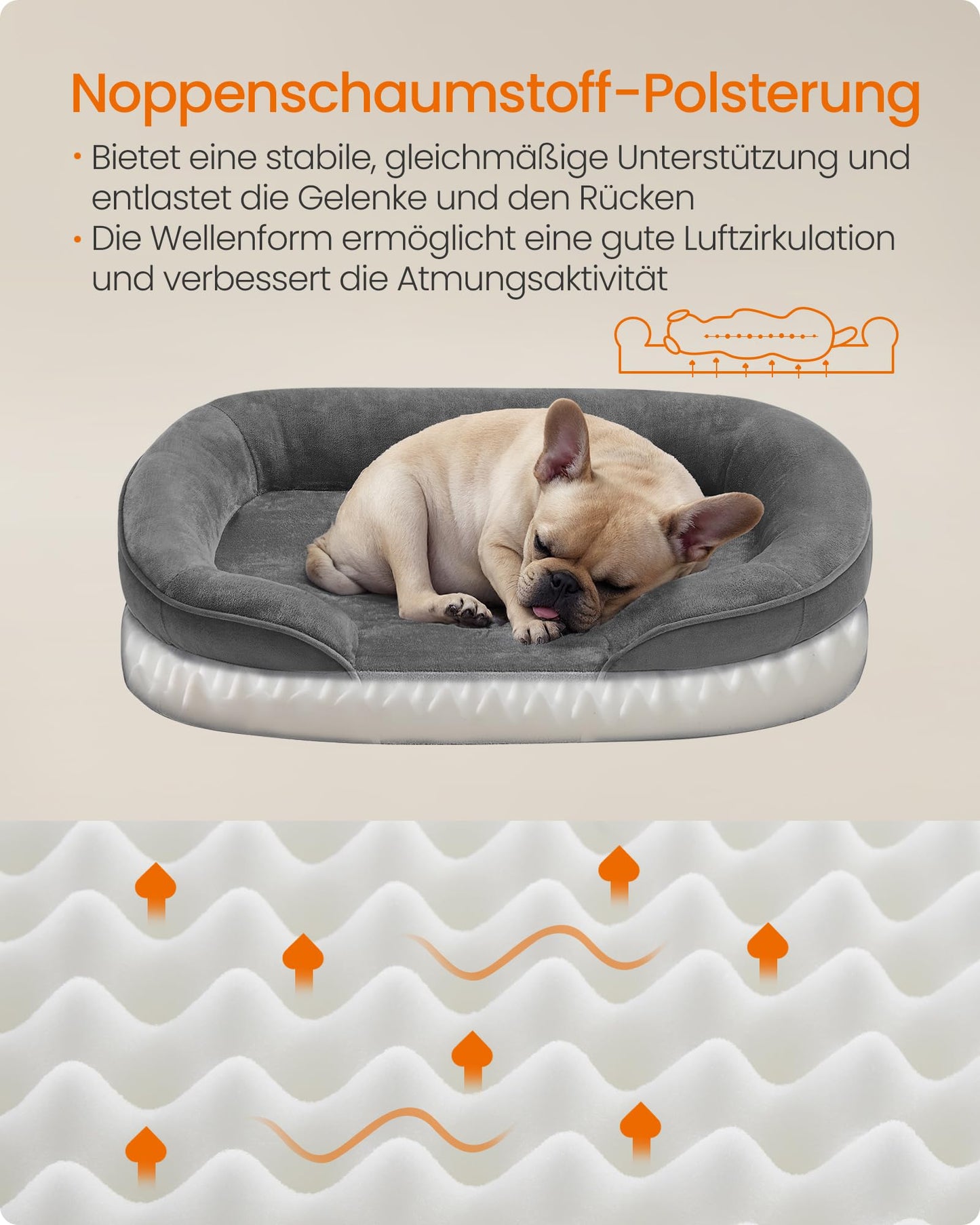 Feandrea Hundebett, Hundekissen, für mittelgroße Hunde, 76 x 51 x 18 cm, orthopädisch, wasserdichte Innenschicht, erhöhte Ränder, Abnehmbarer, waschbarer Bezug, rutschfest, schiefergrau PGW281GN01