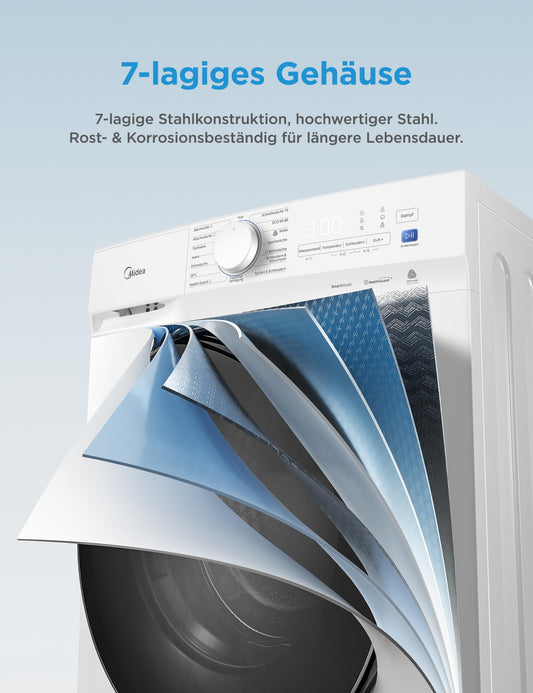 Midea Waschmaschine V3 series, 10 kg | Energieeffizienzklasse A-10% | 1400 U/min| Dampffunktion | Tierhaare| 15-Min Schnellwäsche | Woolmark-Zertifiziert MFV3EW100BA10 | Weiß