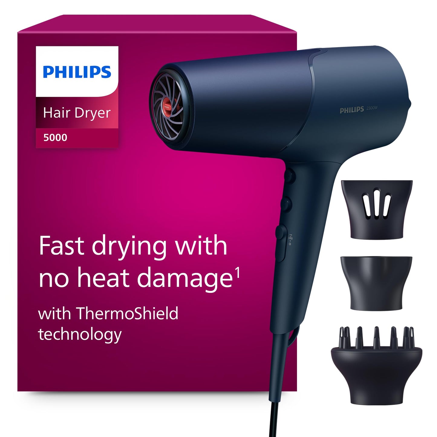 Philips Haartrockner 5000 Series, ThermoShield Technologie, Ionisierungsfunktion, 2.300 W, Metallic-Blau, mit 9-mm- und 11-mm-Stylingdüse, Volumendiffusor, BHD510/20