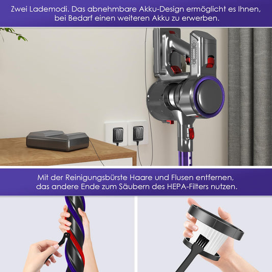 Authmic Akku Staubsauger Kabellos, 45000Pa Kabelloser Staubsauger mit Touchscreen, 50Mins, 1.6L, H13 HEPA, Anti-Tangle-Bürste, für Hartböden/Teppich/Tierhaare, Dunkelviolett
