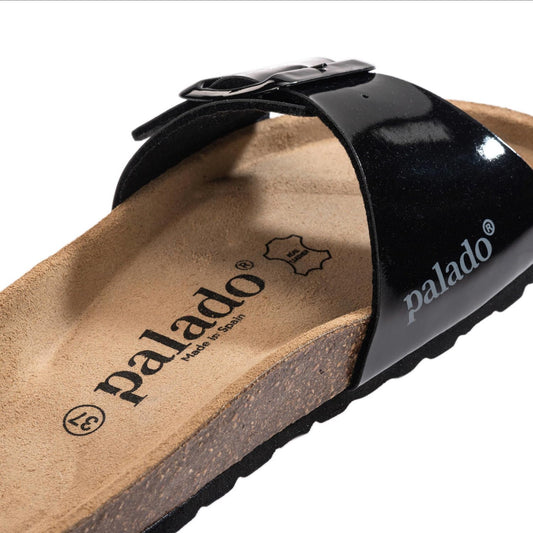 Palado Pantoletten Damen Malta EGS Lack – bequeme Sandalen Made in Spain - Hausschuhe mit dämpfendem Kork-Fußbett - modische Sommerschuhe Schwarz/Schwarz UK3,5 - EU36