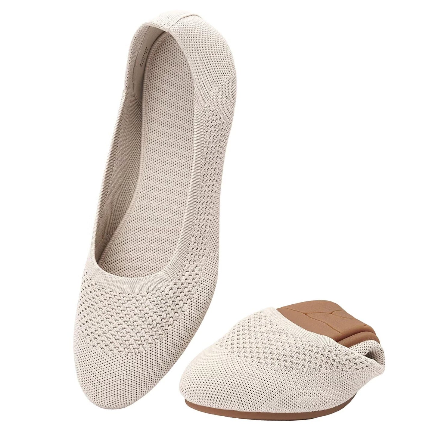 Puxowe Damen Ballerina Runde Zehe Stricken Flache Schuhe Komfort Weich Slip On Ballerina Walking Flats Schuhe für Frauen Niedriger Keil Lässig 40 EU Nude