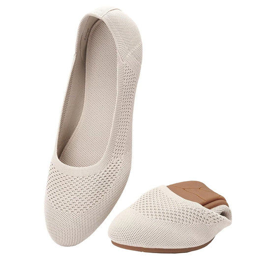 Puxowe Damen Ballerina Runde Zehe Stricken Flache Schuhe Komfort Weich Slip On Ballerina Walking Flats Schuhe für Frauen Niedriger Keil Lässig 40 EU Nude