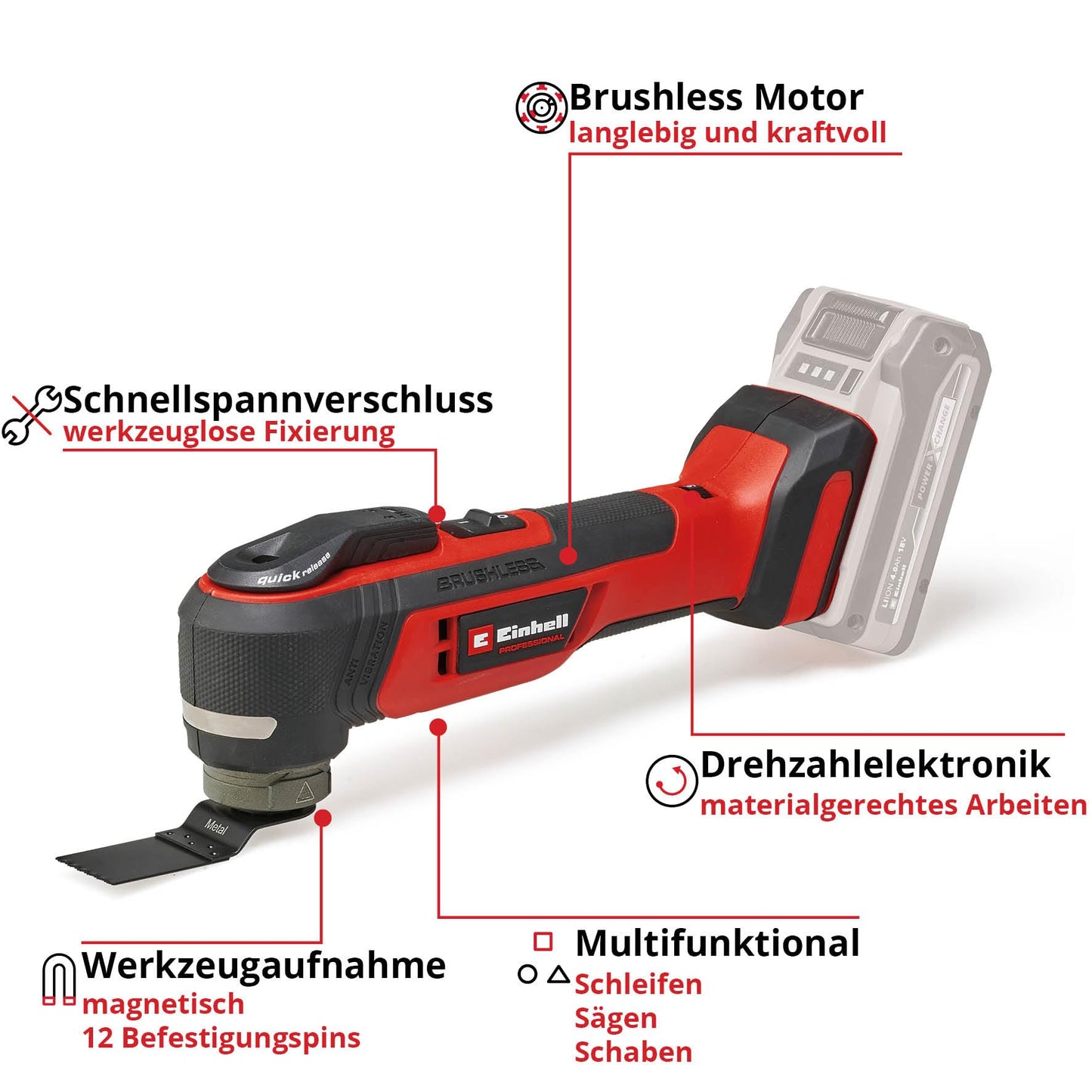 Einhell Professional Akku-Multifunktionswerkzeug TP-MG 18 Li BL-Solo PXC (18 V, Anti-Vibration, Brushless, 3 Funktionen, magnetische Aufnahme, inkl. Zubehör, ohne Akku)