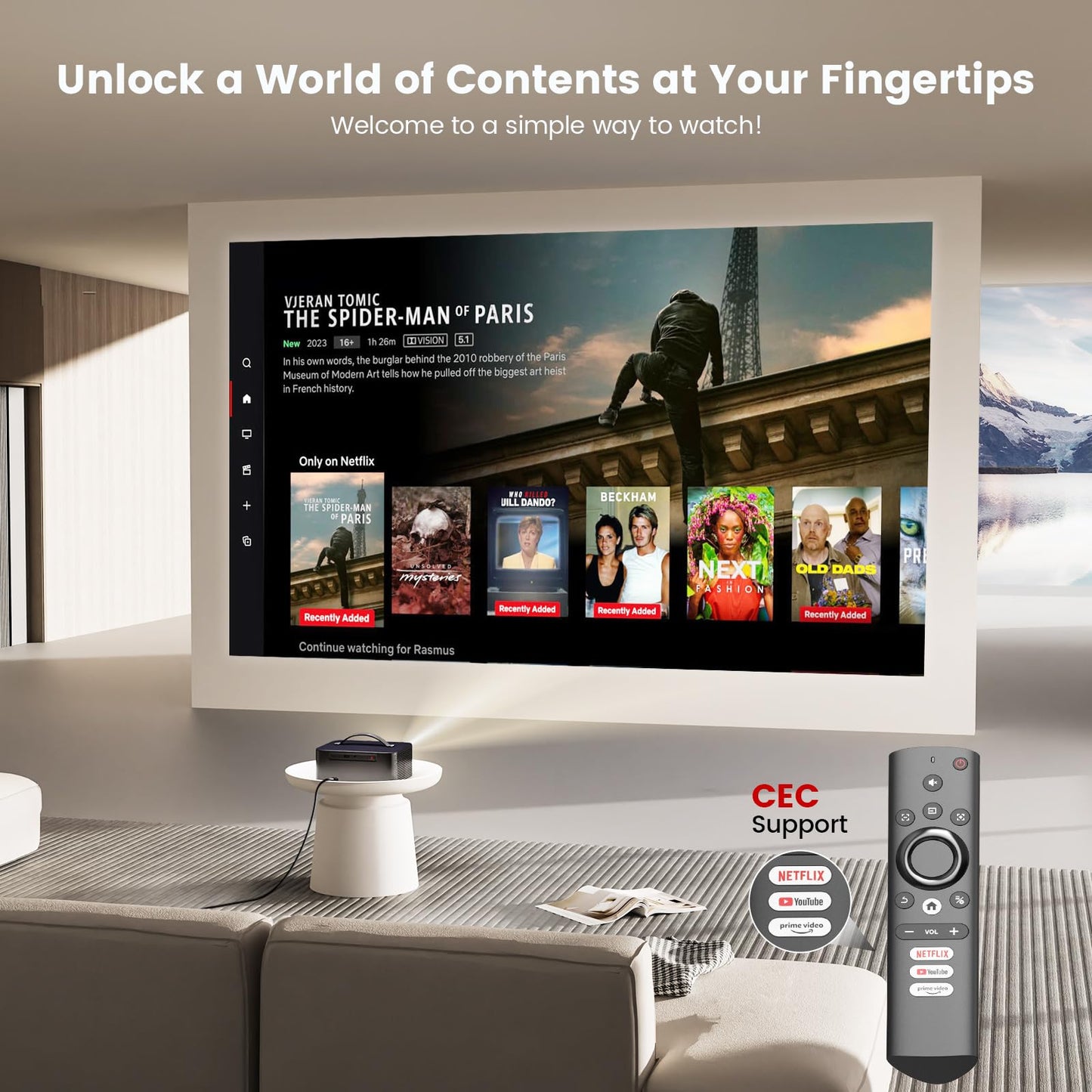Beamer 4k Heimkino【800+Offizielle Apps&Dolby Audio】 15000 ANSI KI Fokus ONOAYO HDR10 Projektor WiFi 6 Bluetooth 5.4 Smart mini Beamer Geeignet für Filmabende, Partys und die Fußball-Weltmeisterschaft