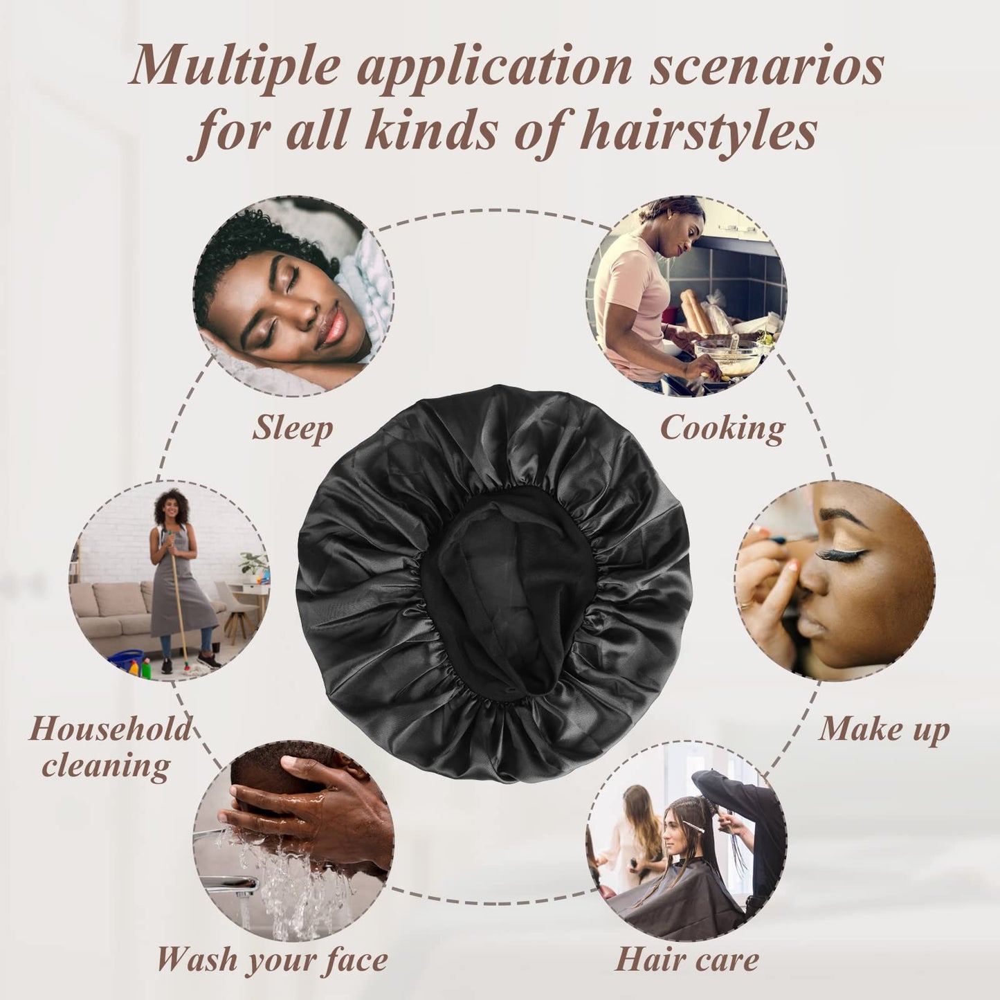 Seidenhaube Haarwickel zum Schlafen Satin Mütze Rutschfest Schwarz