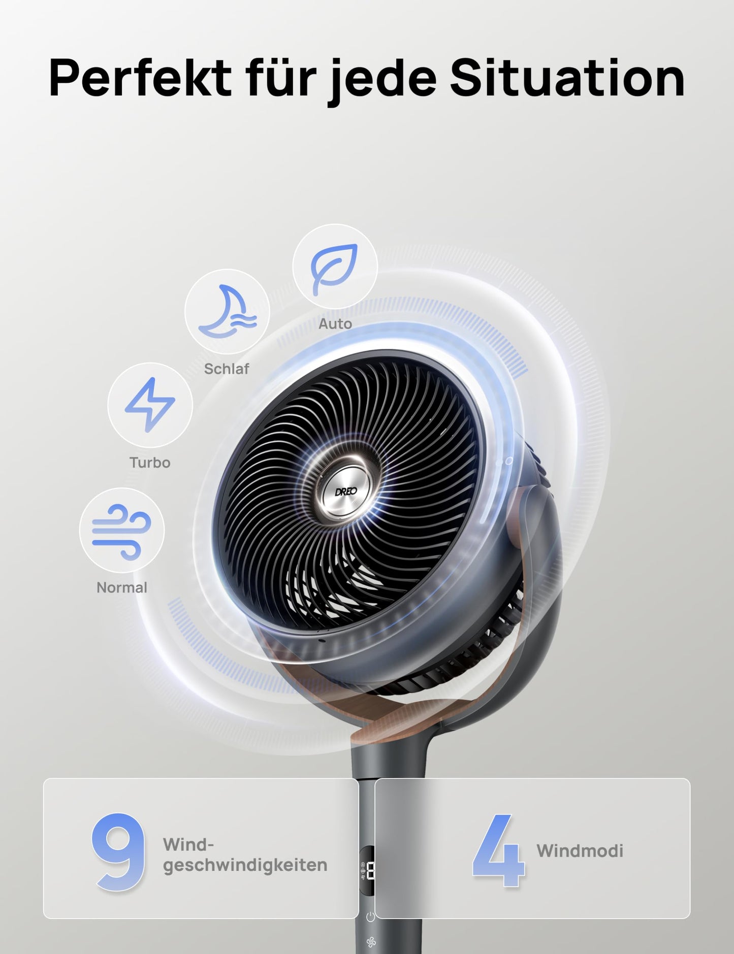 DREO Standventilator sehr leise, Ventilator groß mit Fernbedienung, 20dB Silent Ventilator mit DC-Motor, 120° Oszillierend, 4 Modi, 94-107cm höhenverstellbar, Bodenventilator, TurboPoly Fan 512, Grau