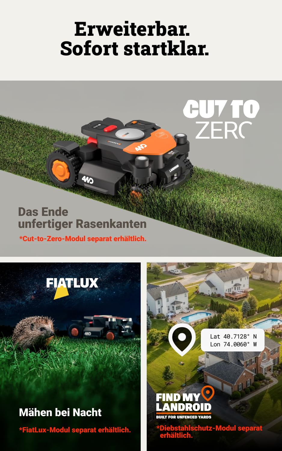 WORX Landroid Vision Cloud WR342E 4WD Mähroboter ohne Begrenzungskabel für 2000 m² (KI-Hinderniserkennung, VSLAM+ RTK Cloud Navigation, 84% Steigung, Auto-Mapping, App-Steuerung, RadioLink)