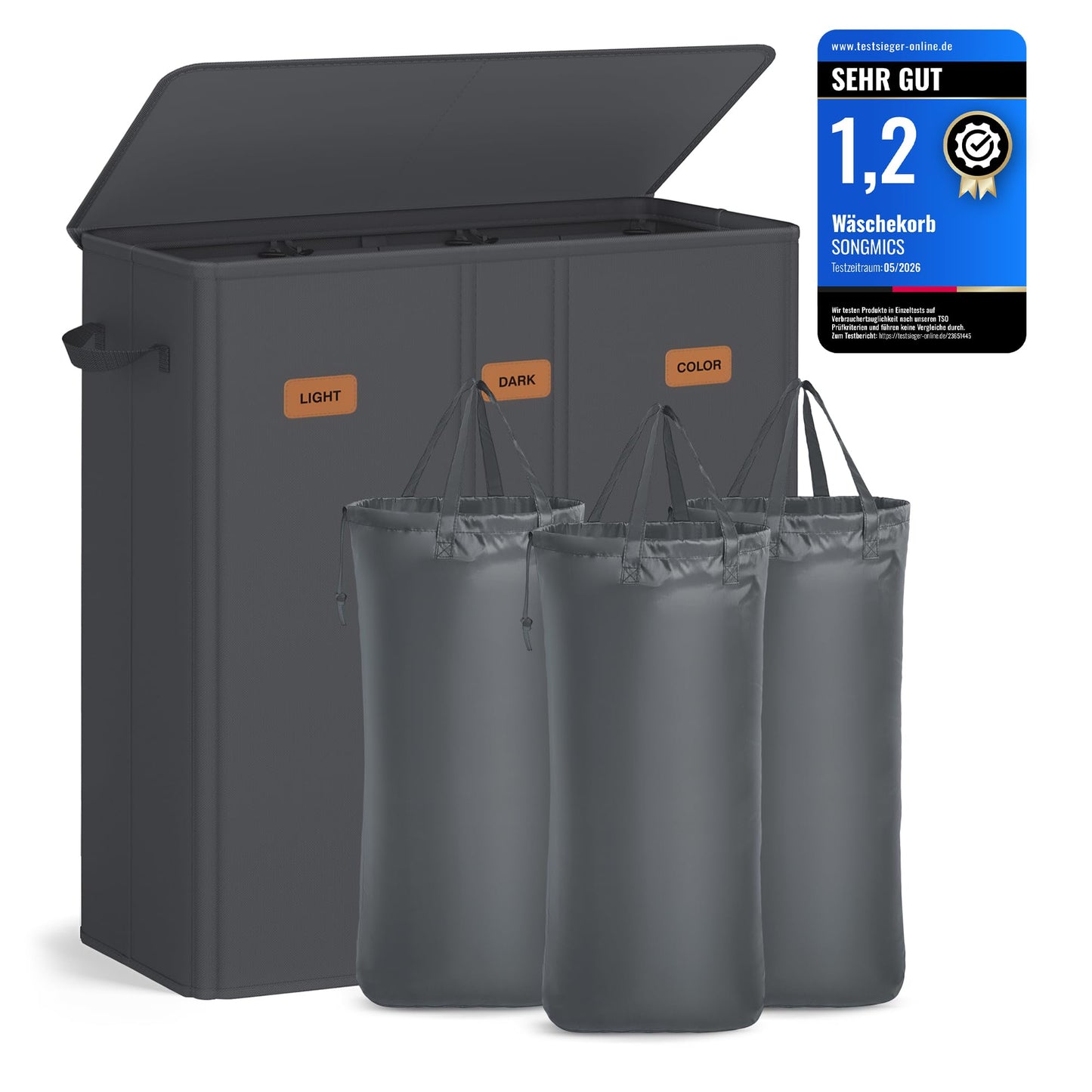 SONGMICS Wäschekorb mit 3 Fächern, 160 L, mit Deckel, 5 Etiketten, herausnehmbarer und waschbarer Innensack, Waschküche Schlafzimmer, dunkelgrau RLH013G01