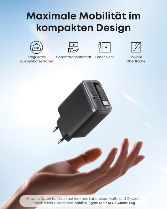 Anker Nano USB C Ladegerät, 35W Max, kompaktes Netzteil, 2 Anschlüsse, Strapazierfähiges & integriertes Anker InstaCord-Kabel zum Ausziehen, Für iPhone 17/16/15 Serie, iPad, Pixel(Keine Powerbank)