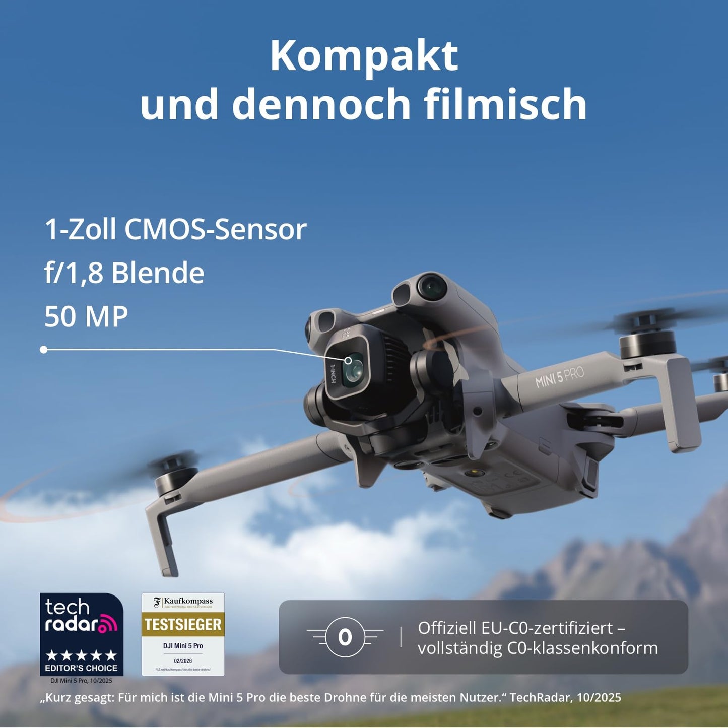 DJI Mini 5 Pro Fly More Combo mit DJI RC 2 und 1 Jahr Care (Automatisch Aktiviert), C0-Zertifiziert, 4K-Drohne für Anfänger, Drohne mit Kamera, 1-Zoll CMOS, Hinderniserkennung, 225°-Gimbal-Rotation