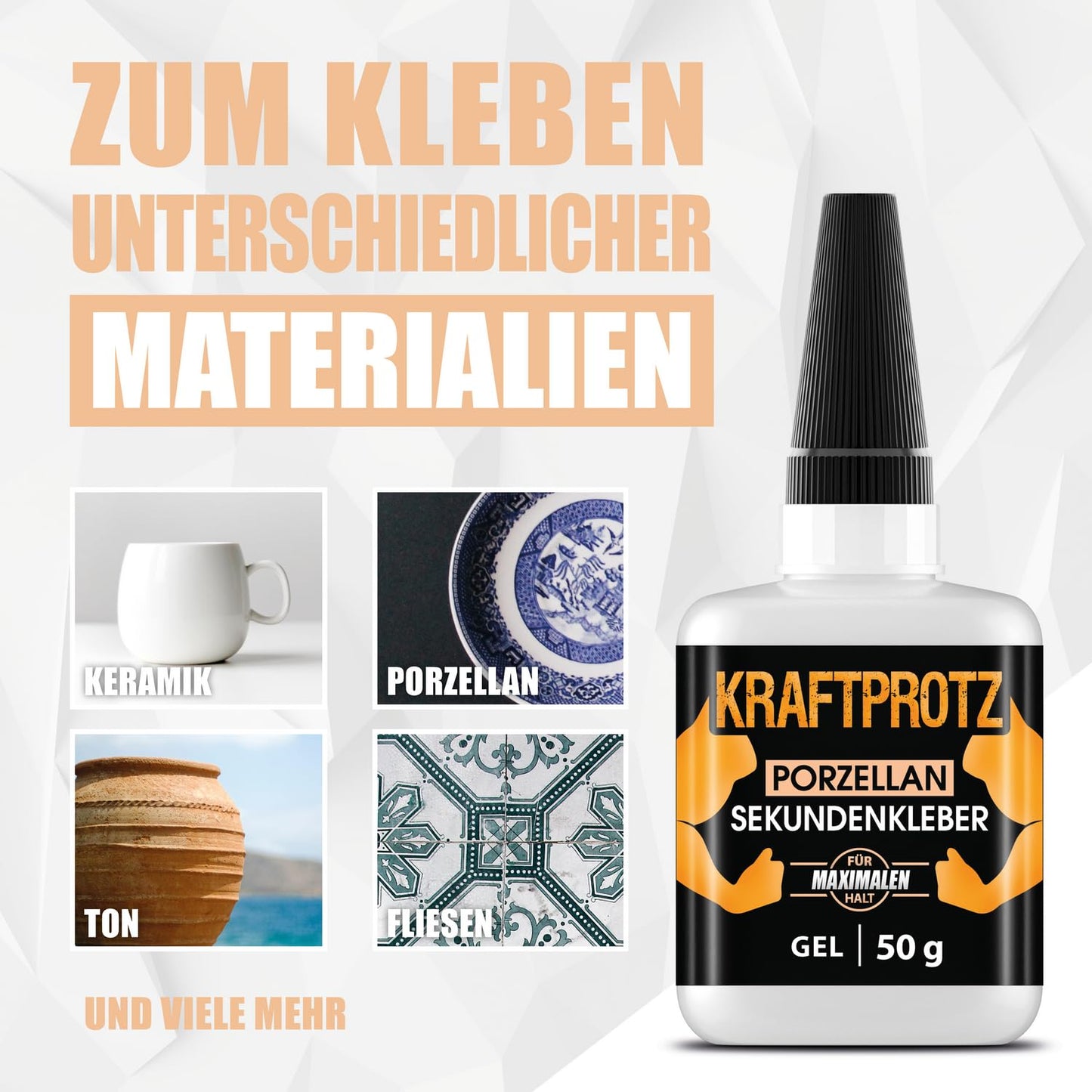 Sekundenkleber Gel für Keramik & Porzellan extra stark – XXL 50 g Superkleber – spülmaschinenfest, hitzebeständig – Anti-Austrocknungs-Spitze – KRAFTPROTZ Porzellankleber für Ton, Stein, Geschirr