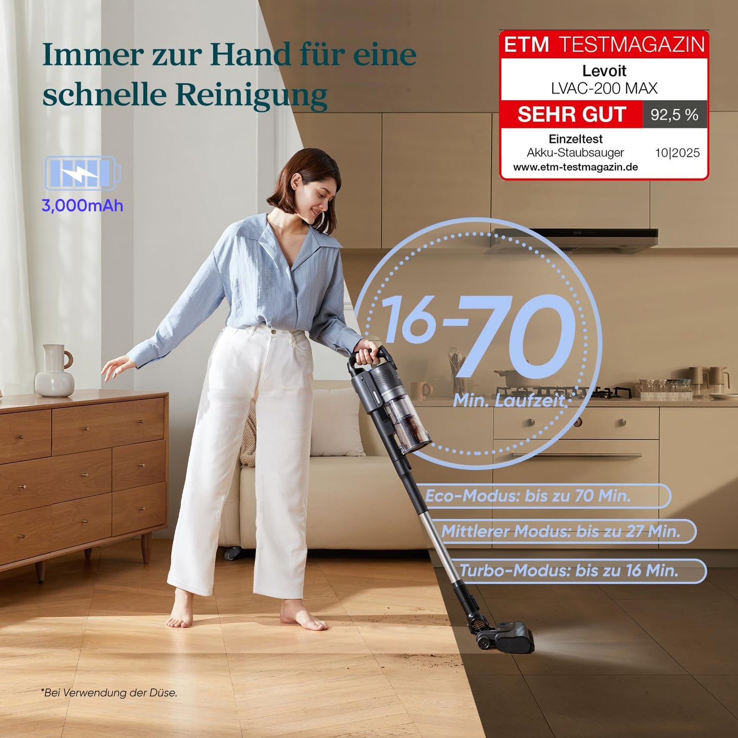 Levoit - Akku Staubsauger - Laufzeit für 100㎡ - Staubsauger Kabellos - Vacuum Cleaner - 99,99 Prozent HEPA-Filter - Selbststehend - Anti Tangle - Für Tierhaare/Teppich/Hartböden/Auto - LVAC-200 MAX
