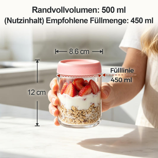 ComSaf Farbenfrohe Overnight Oats Gläser 4er Pack 500ml, Meal Prep Behälter Glas mit Plastikdeckel für Arbeitswoche, Auslaufsichere Vorratsdosen Frühstück to Go Einmachgläser für Trockenvorräte