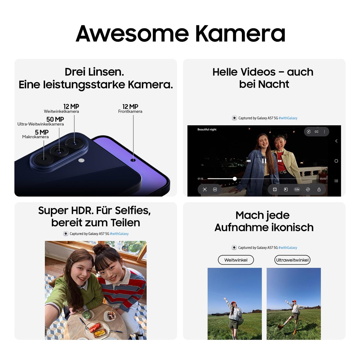 Samsung Galaxy A57 5G, Schlankes AI-Smartphone, Awesome Intelligence, 256 GB Speicherplatz, 50 MP Weitwinkel-Kamera, Bis zu 2 Tage Akkulaufzeit, IP68, Awesome Gray, 2,5 Jahre Herstellergarantie