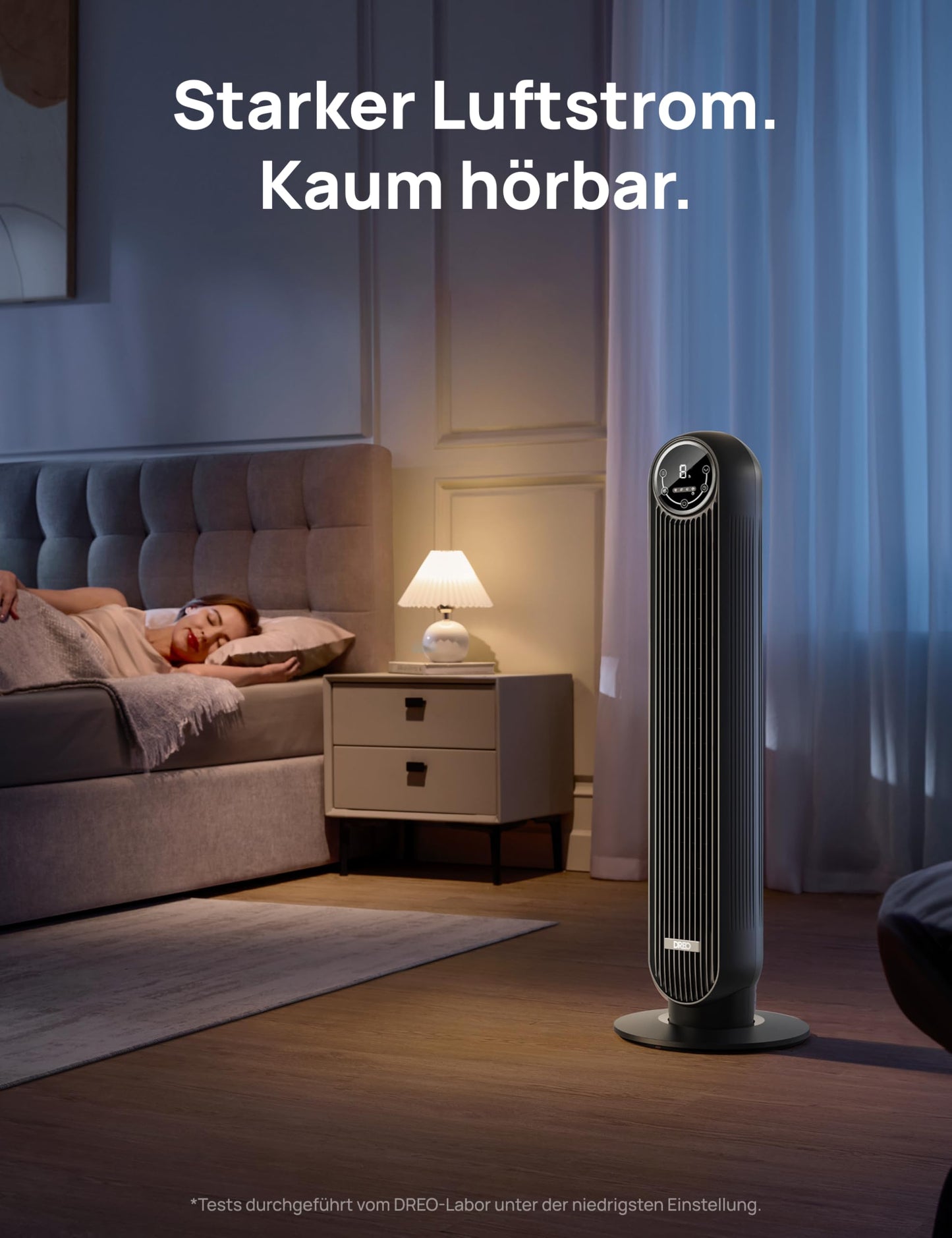 DREO Leiser Turmventilator, 10 m Wurfweite 4 Geschwindigstufen 4 Modi 8 Std. Timer 90° oszillierende Ventilator mit Kühlung Fernbedienung für Schlafzimmer,Turmventilator 307, Schwarz