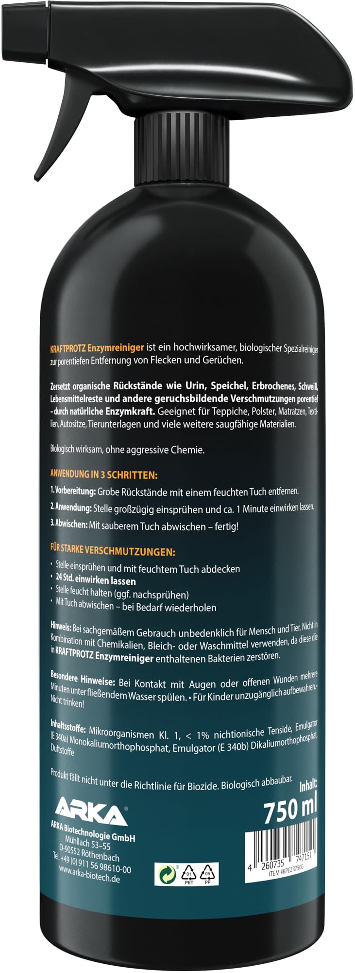 Enzymreiniger – Geruchsentferner & Fleckenentferner Spray 750 ml – porentief & biologisch – für Sofa, Teppich, Matratze, Auto & Haushalt – gegen Schmutz, Schweiß, Gerüche & Tierspuren – KRAFTPROTZ