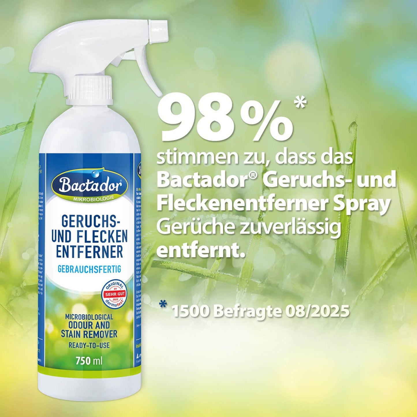 Bactador Enzymreiniger Spray 750ml - Geruchsentferner & Fleckenentferner, Hundeurin & Katzenurin Entferner, Mikrobiologischer Geruchsneutralisierer, Polsterreiniger, Porentiefe Reinigung
